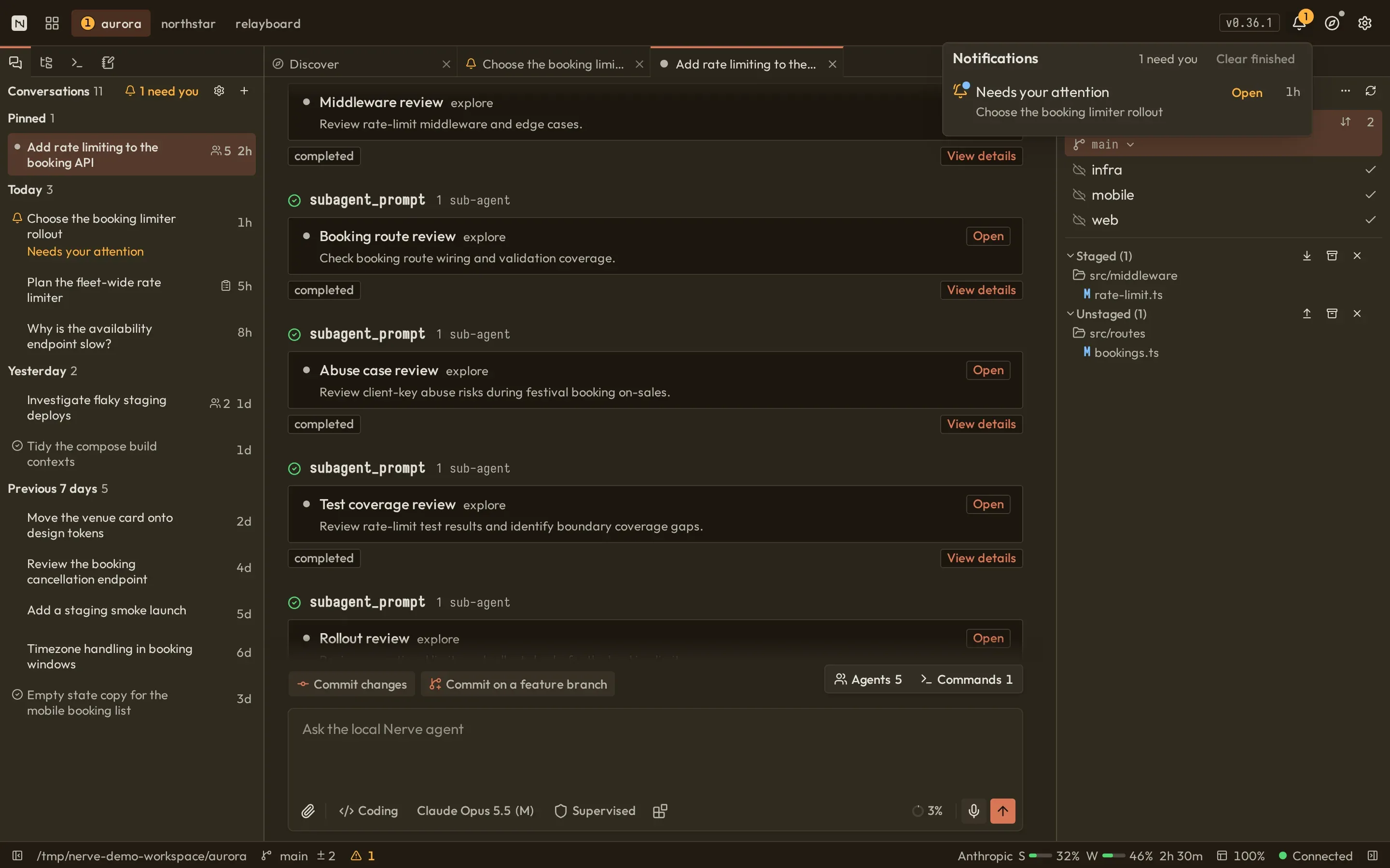Nerve's header Notifications popover showing one conversation that needs attention and an Open action