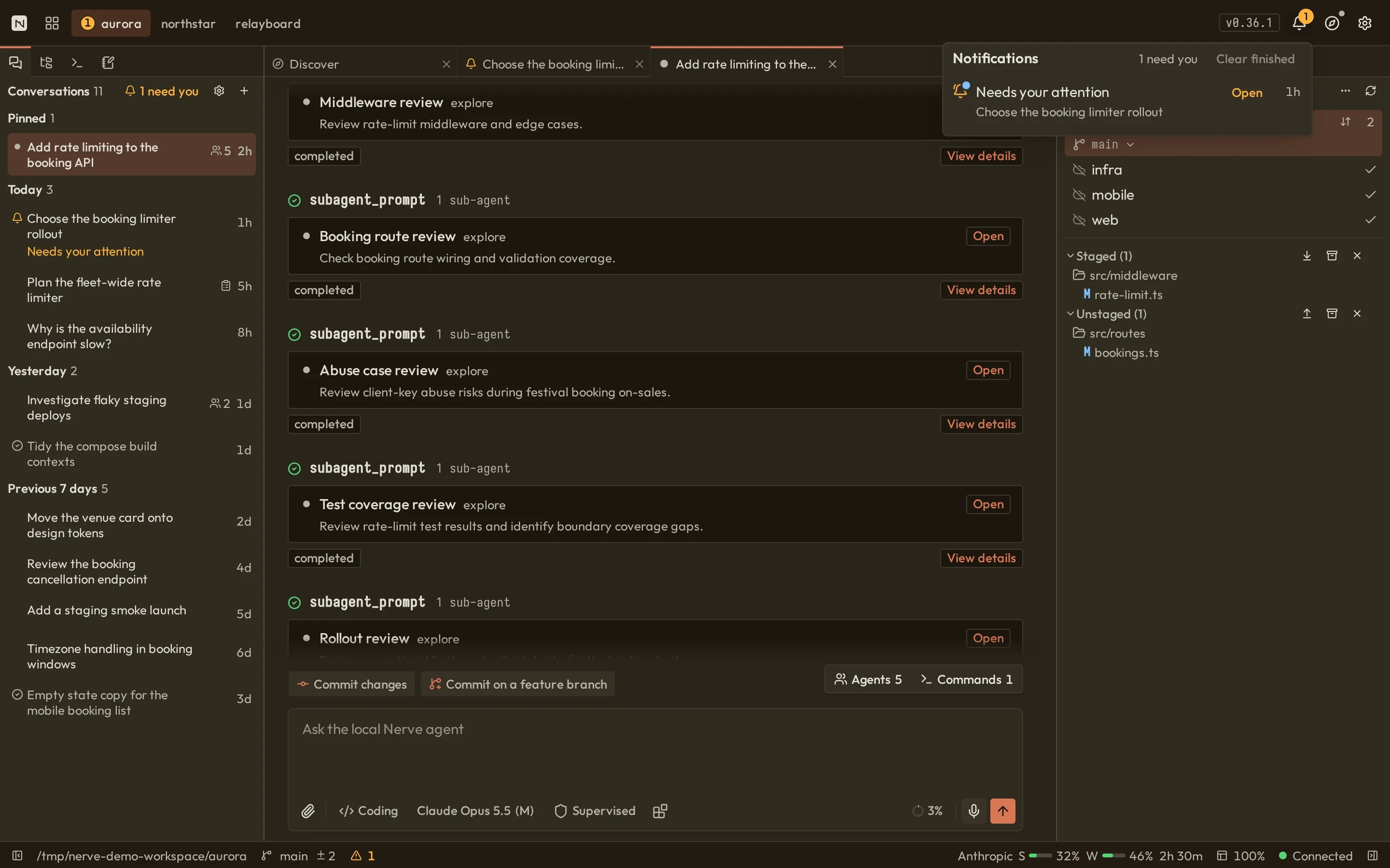 Nerve header Activity popover showing a conversation that needs your attention and an Open action