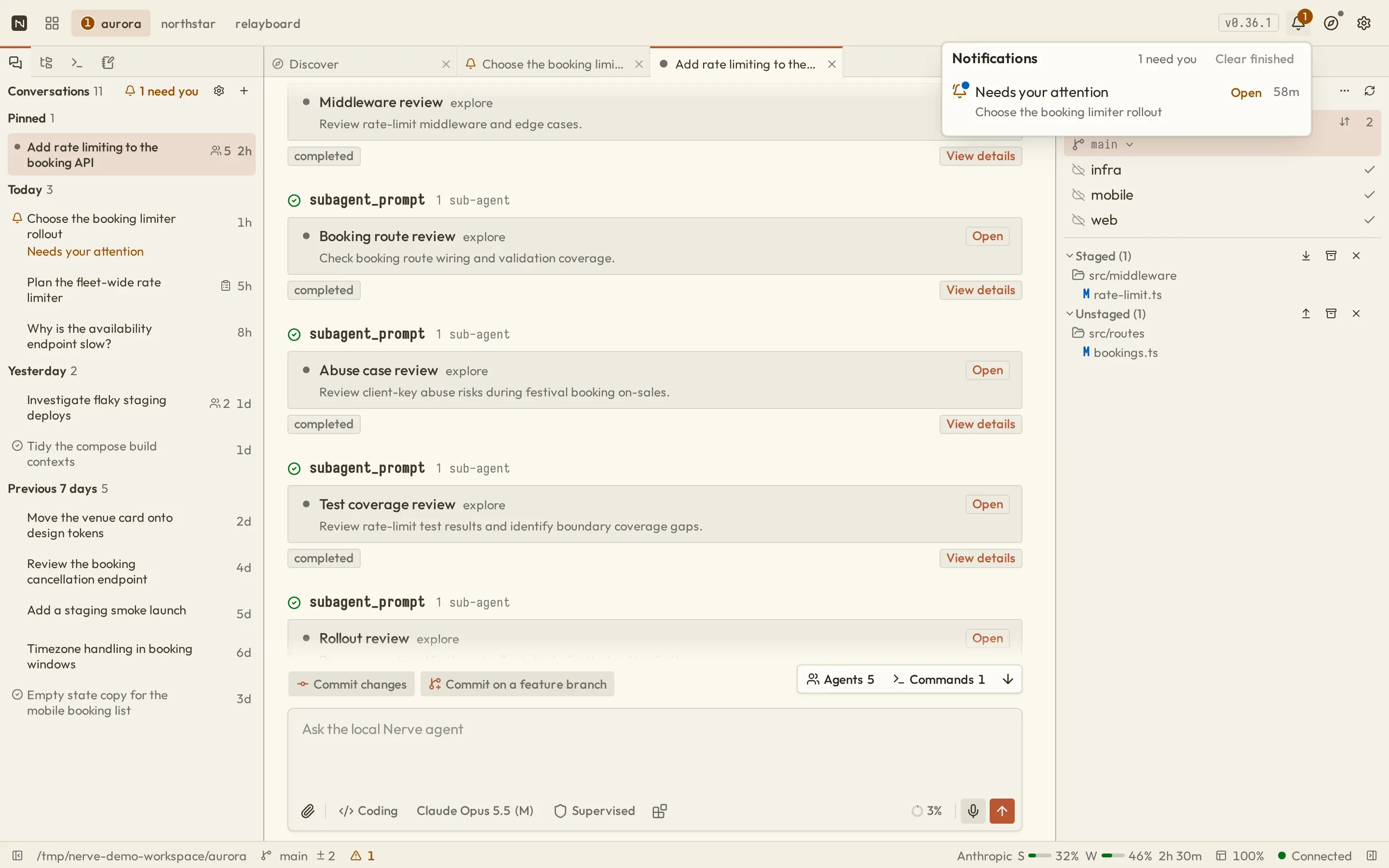 Nerve's header Notifications popover showing one conversation that needs attention and an Open action