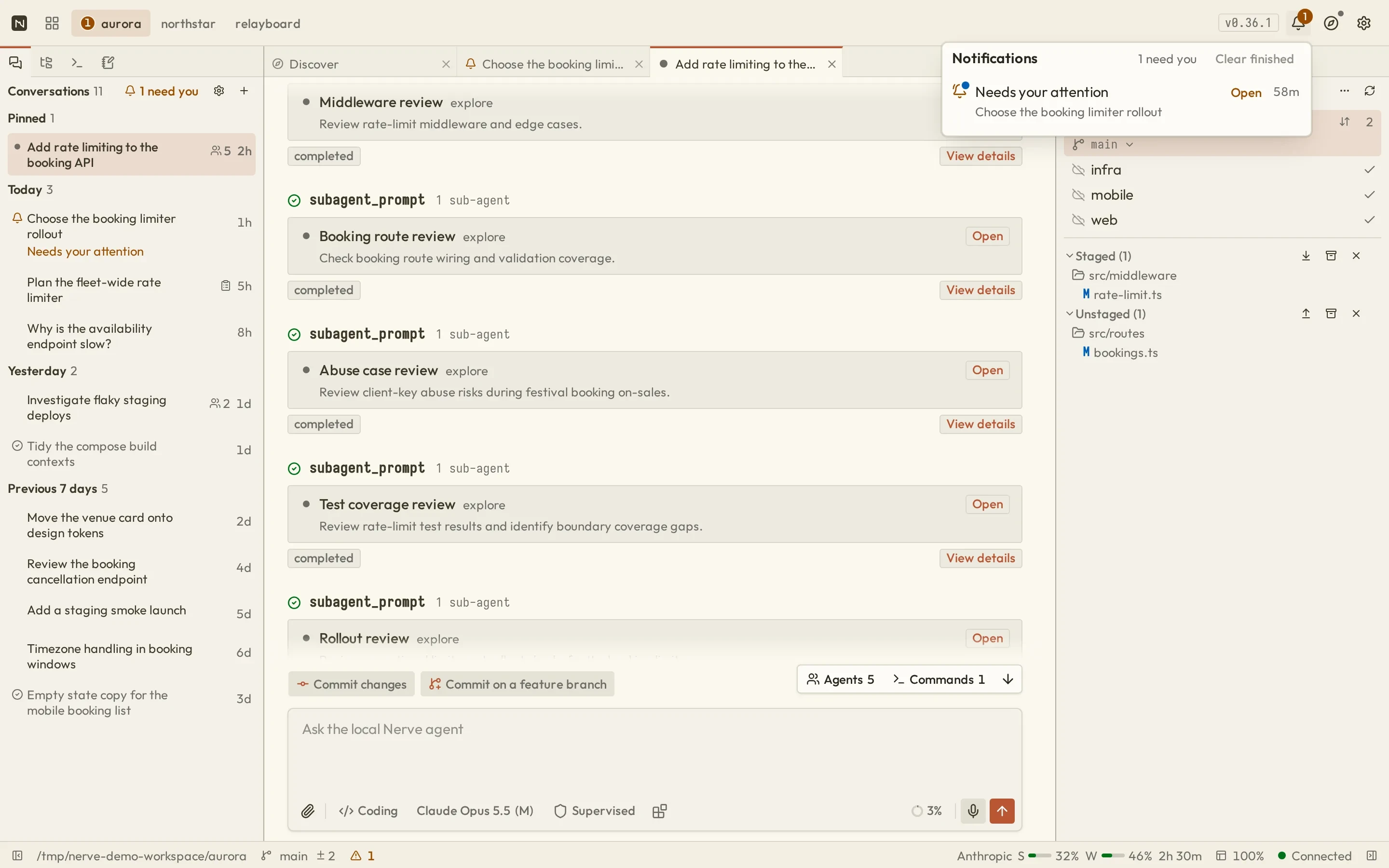 Nerve header Activity popover showing a conversation that needs your attention and an Open action