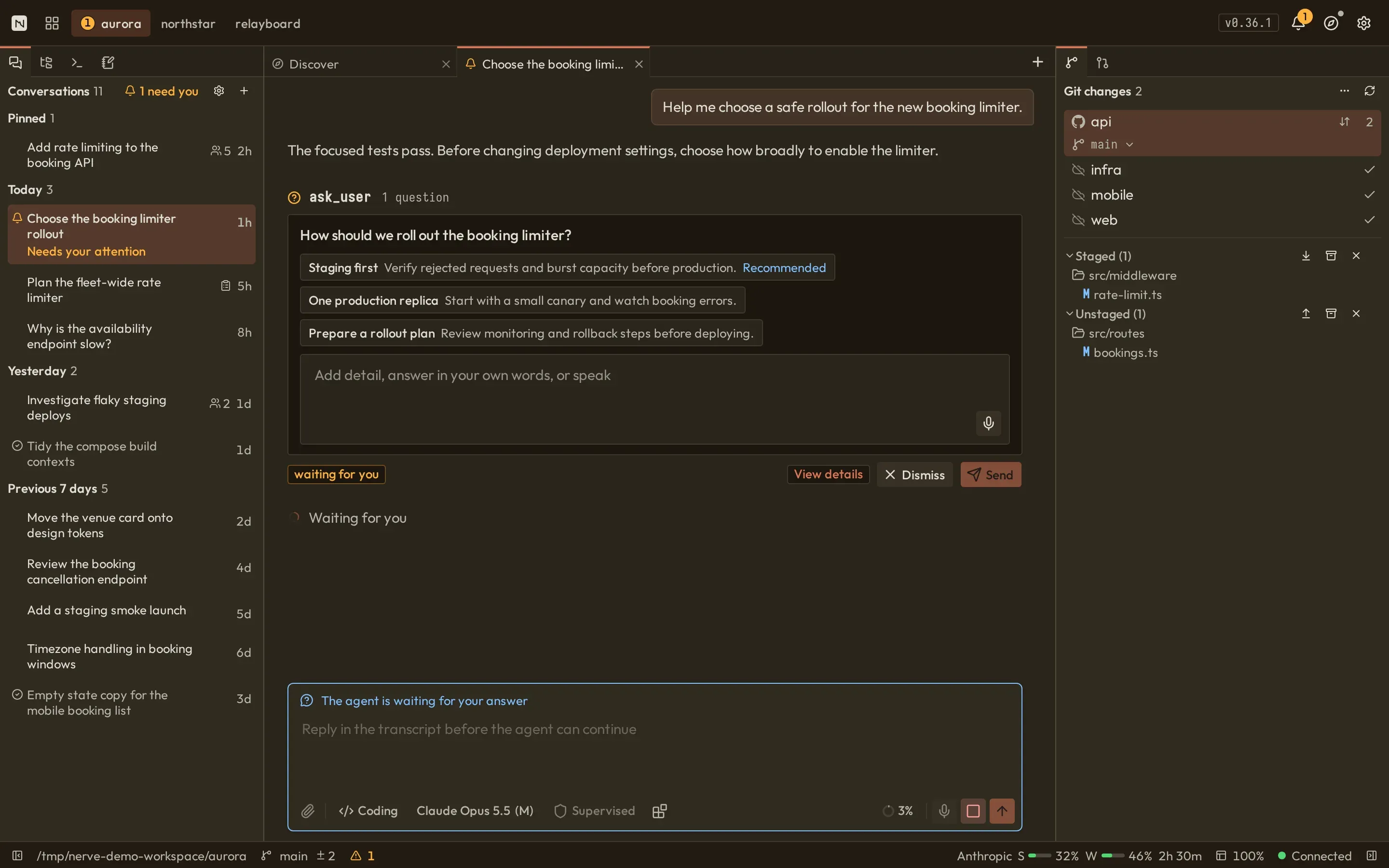 A pending ask_user rollout question with three options, a recommended choice, a reply editor with a microphone, and the main composer disabled