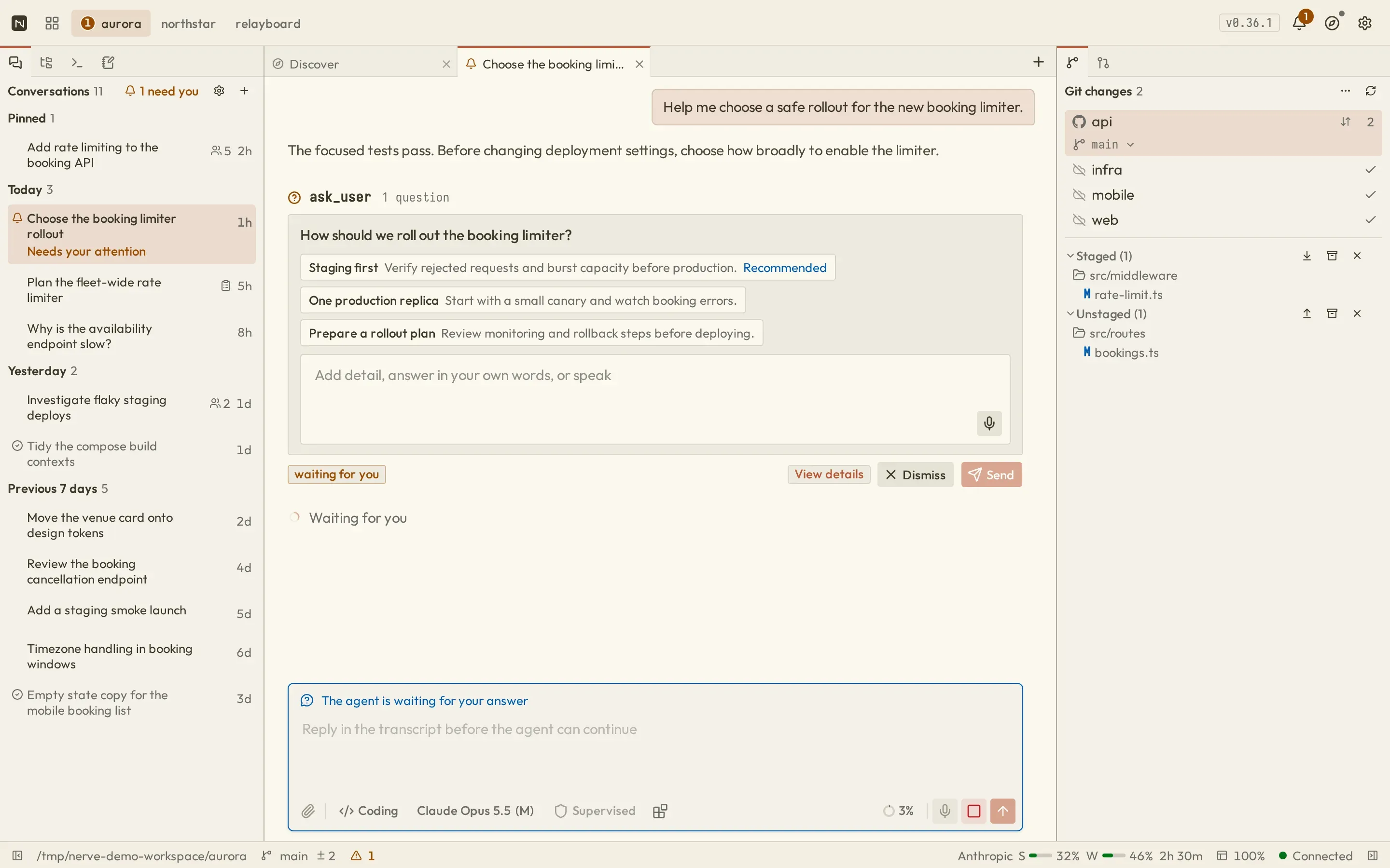 A pending ask_user rollout question with three options, a recommended choice, a reply editor with a microphone, and the main composer disabled