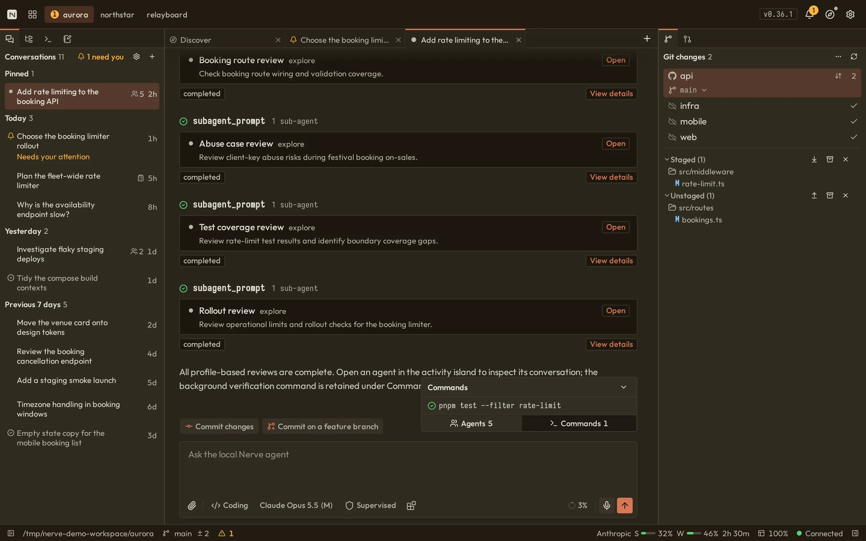 The transcript activity island with Commands expanded to show a completed background verification command