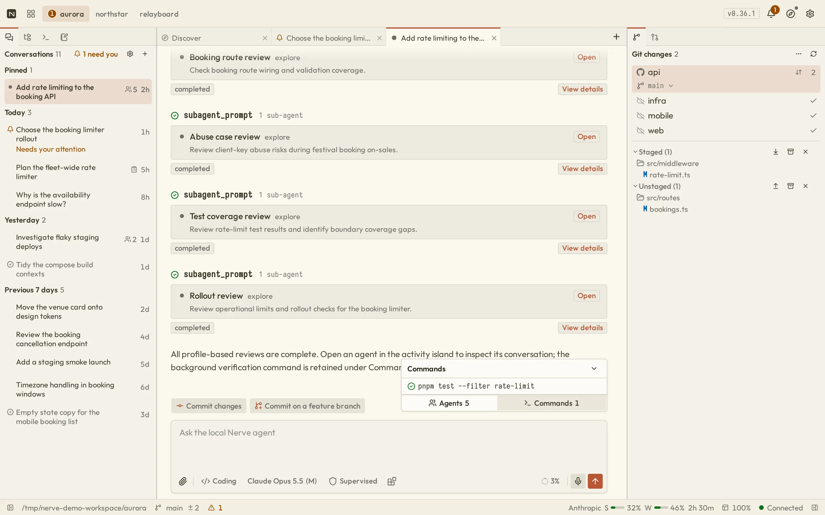 The transcript activity island with Commands expanded to show a completed background verification command
