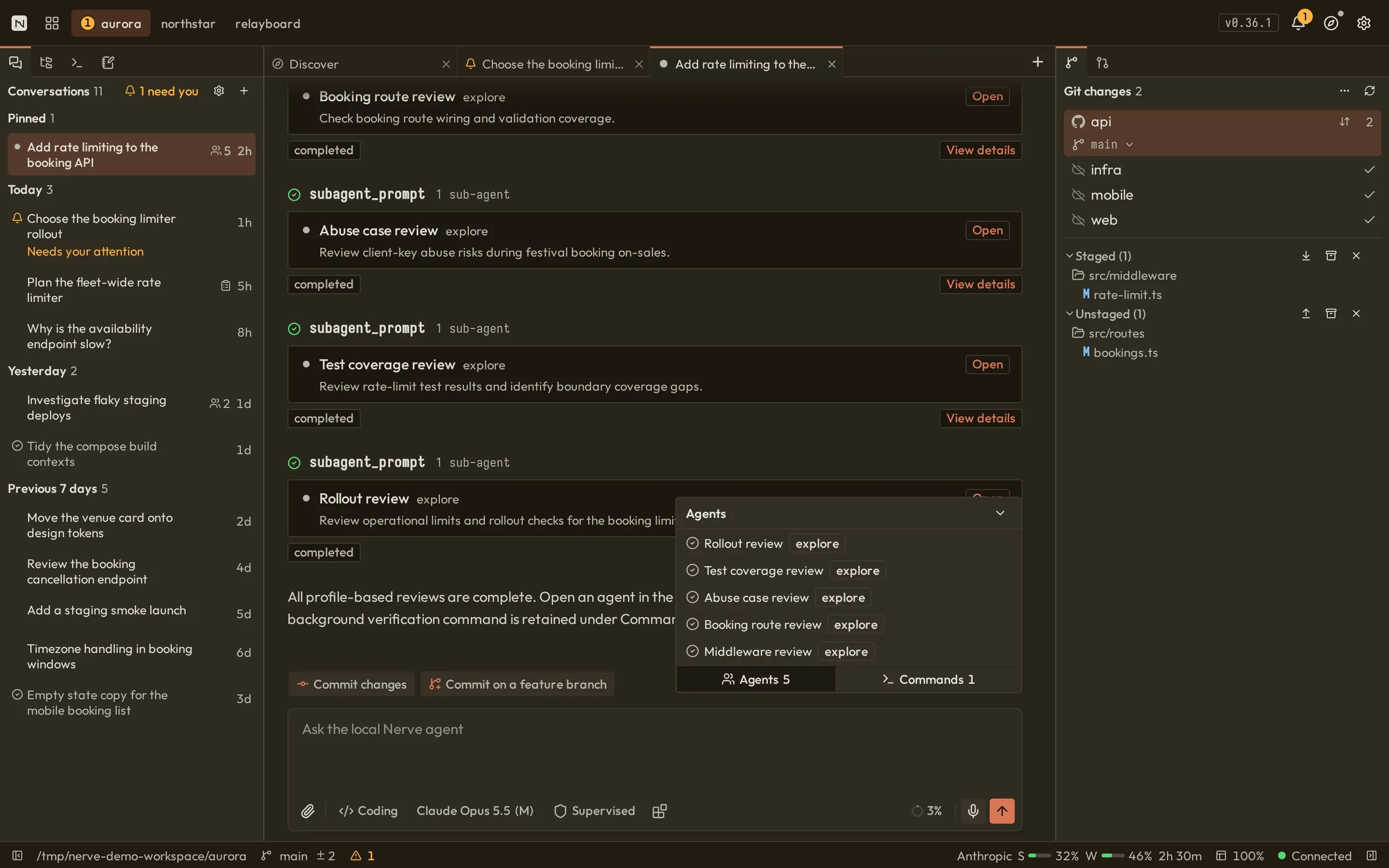 The Nerve desktop workbench showing a completed Bash result, two sub-agent assignment cards, and the expanded Agents activity island above the composer