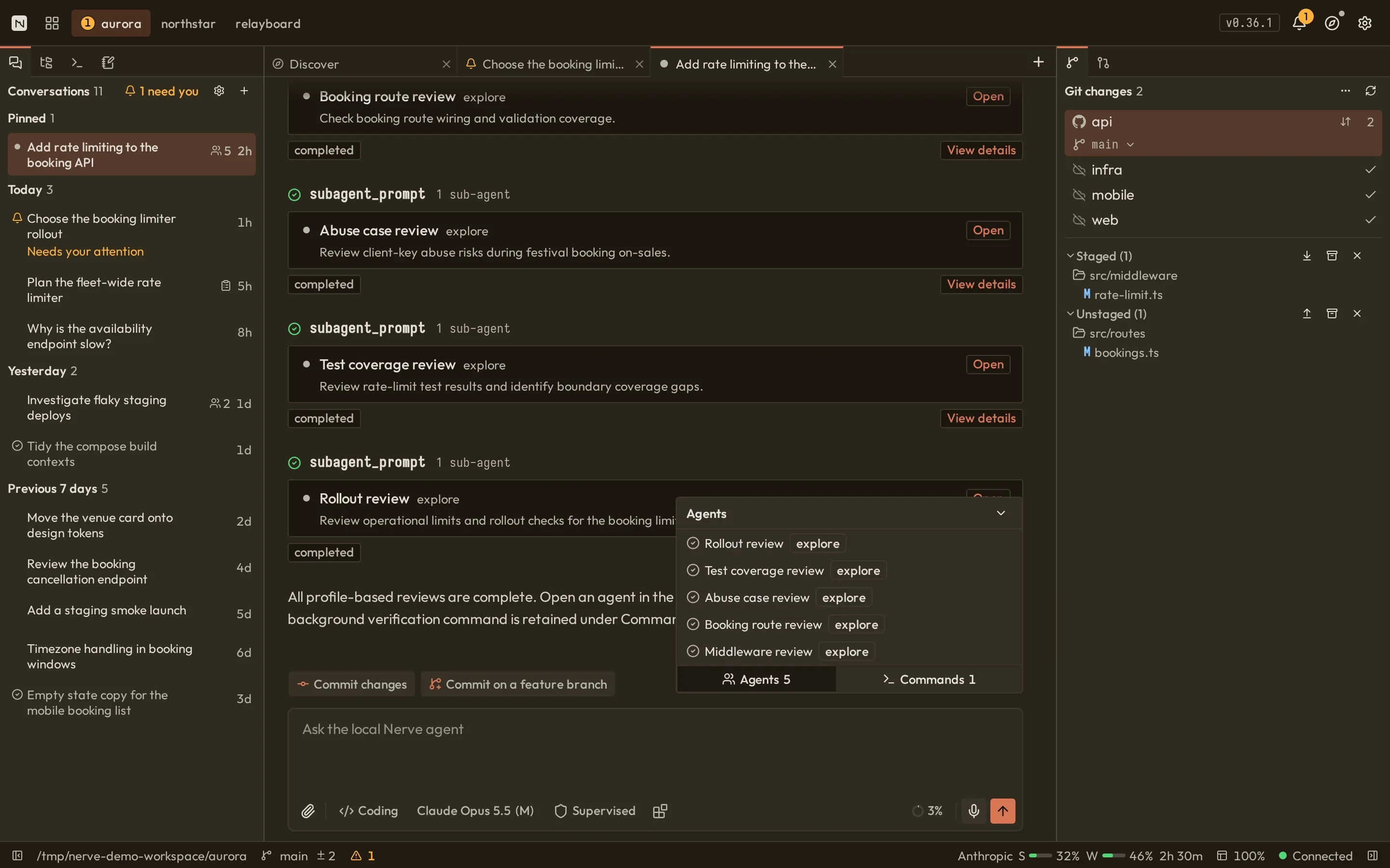 Nerve workbench: conversation list, a transcript with retained command output and sub-agent cards, and the Git panel