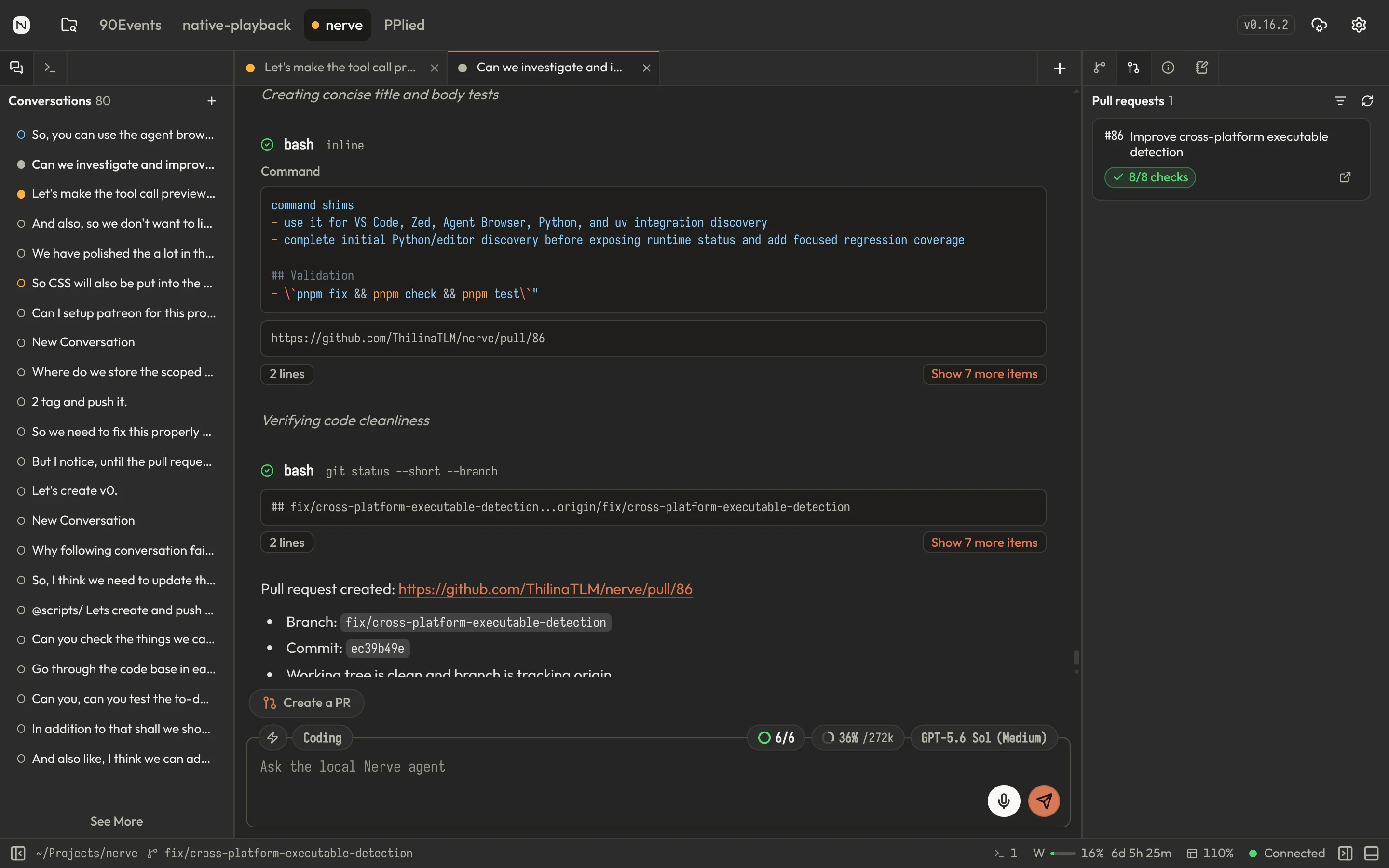 Nerve conversation showing command output, validation results, pull request details, and the composer