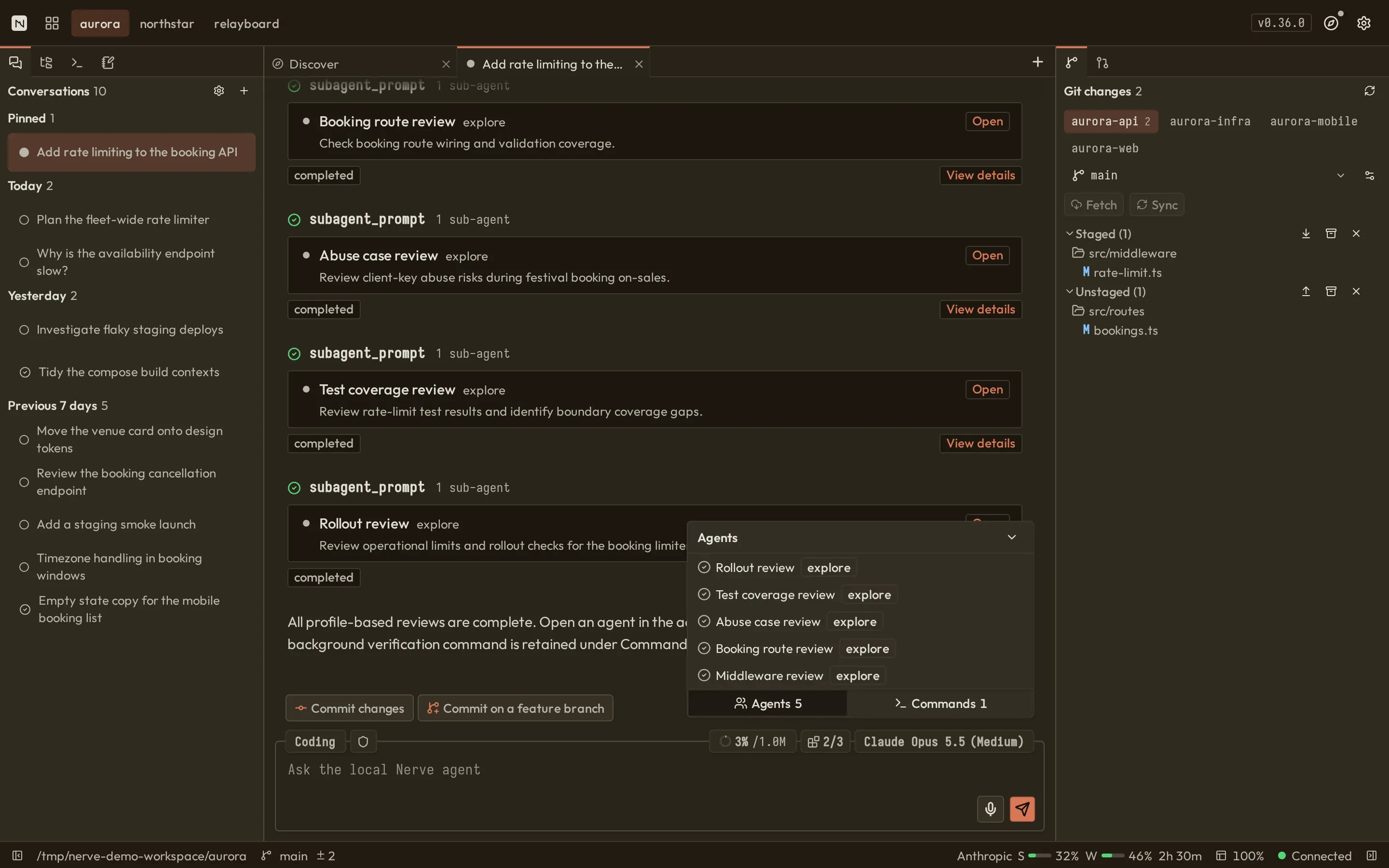 Nerve workbench: conversation list, a transcript with retained command output and sub-agent cards, and the Git panel
