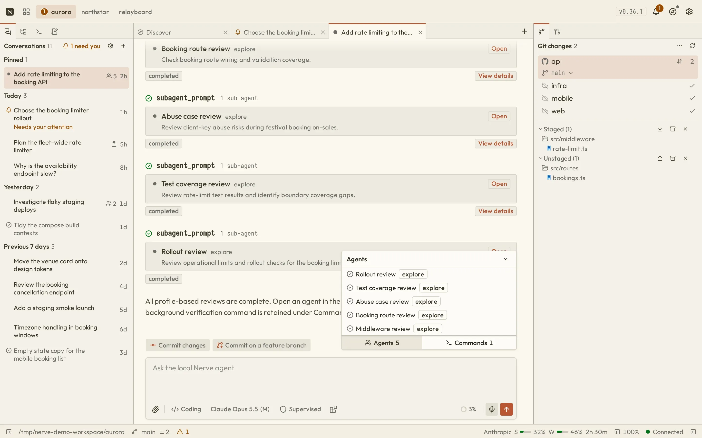 The Nerve desktop workbench showing a completed Bash result, two sub-agent assignment cards, and the expanded Agents activity island above the composer
