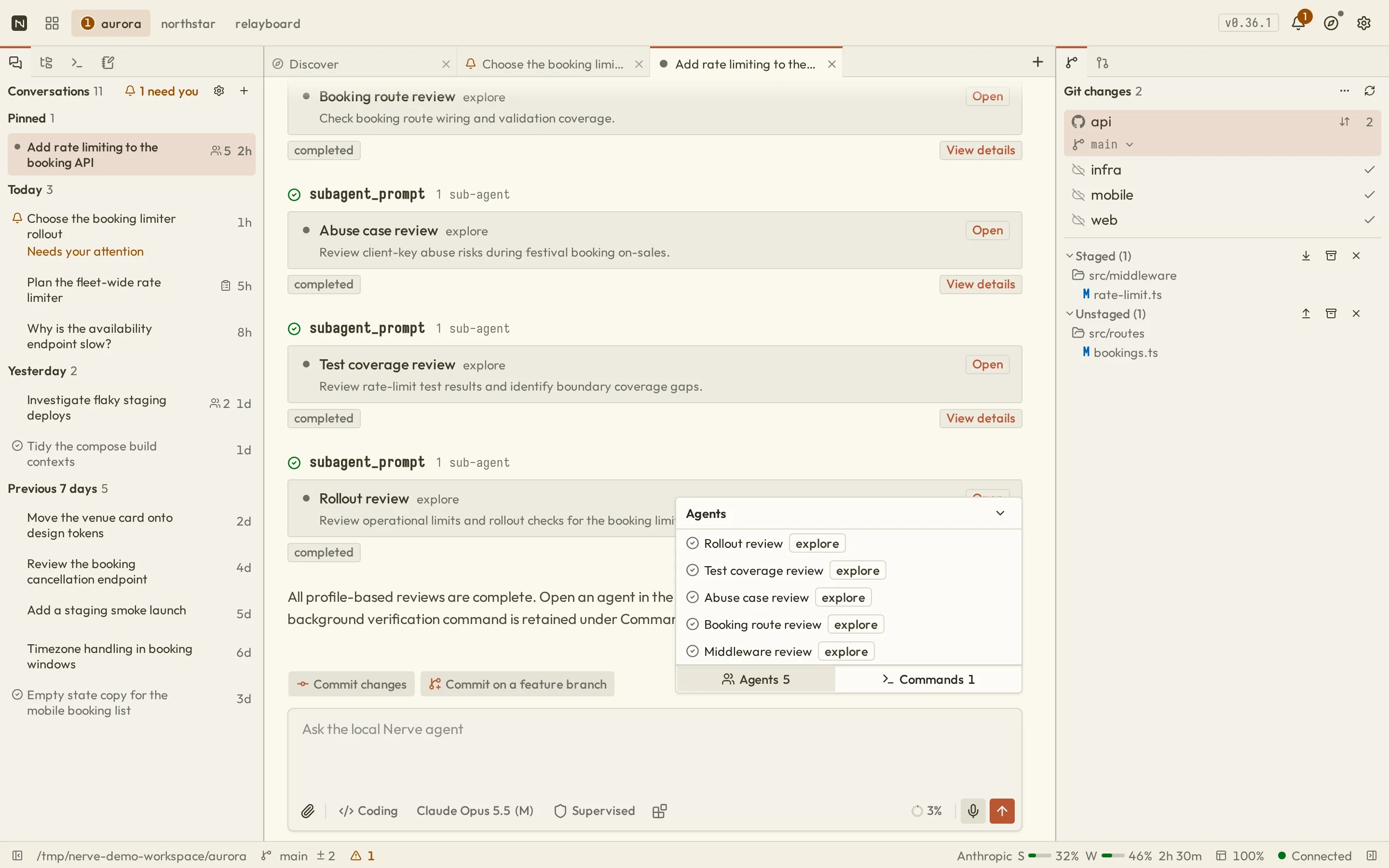 Nerve workbench: conversation list, a transcript with retained command output and sub-agent cards, and the Git panel