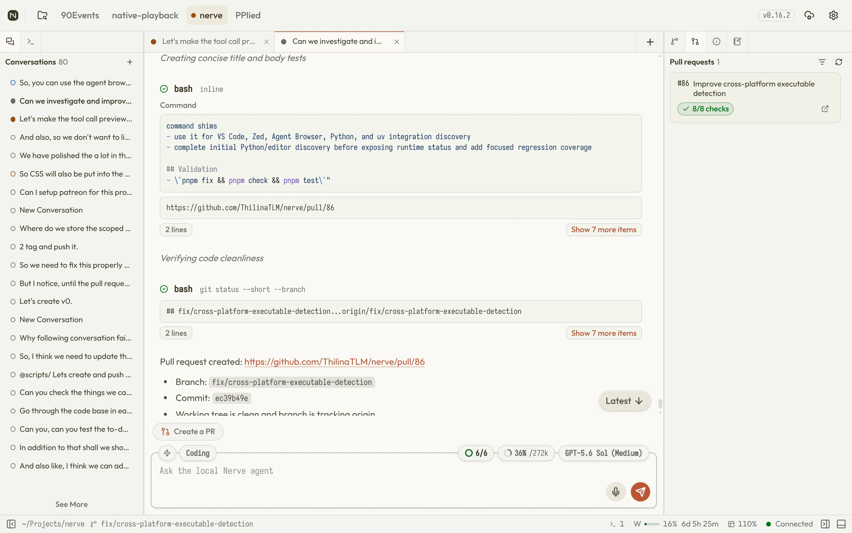Nerve conversation showing command output, validation results, pull request details, and the composer