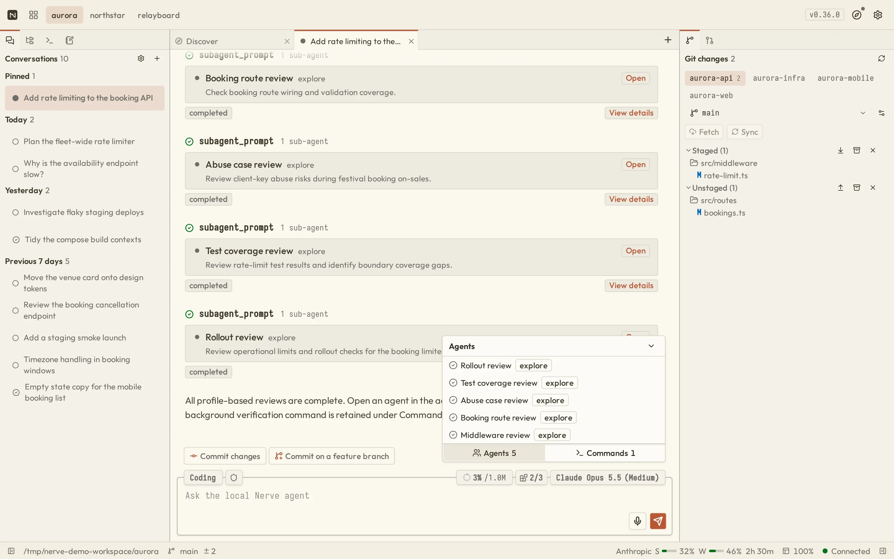 Nerve workbench: conversation list, a transcript with retained command output and sub-agent cards, and the Git panel