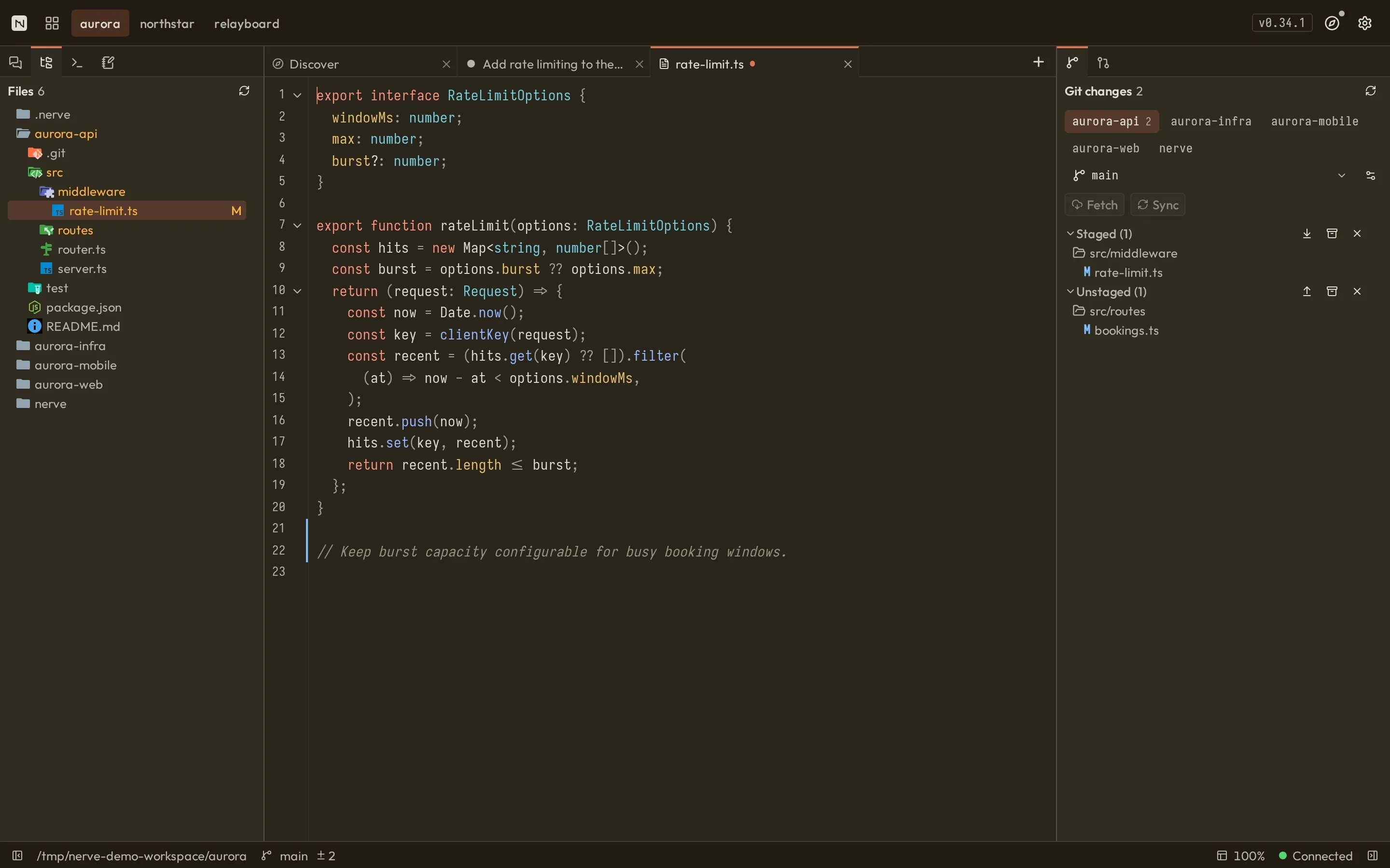 Nerve with the project file tree and rate-limit.ts open in the built-in editor with an unsaved change