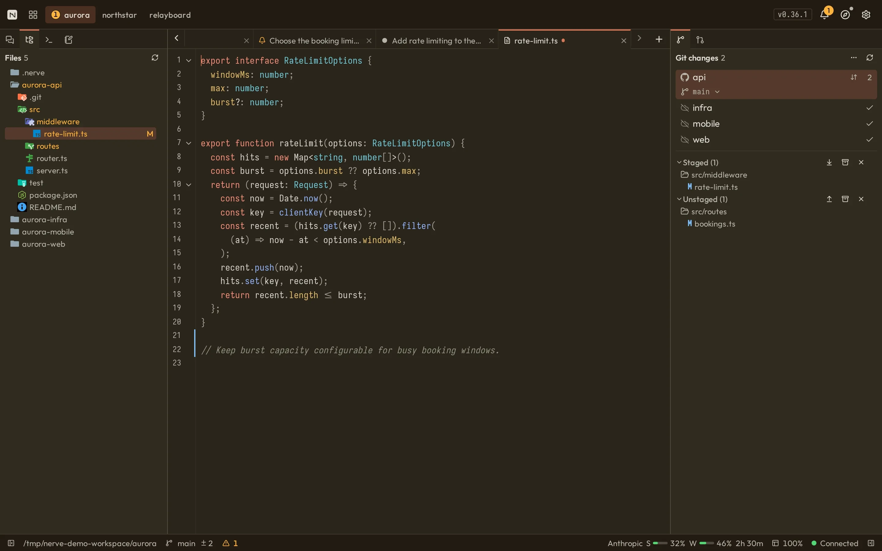 Nerve with the project file tree and rate-limit.ts open in the built-in editor with an unsaved change