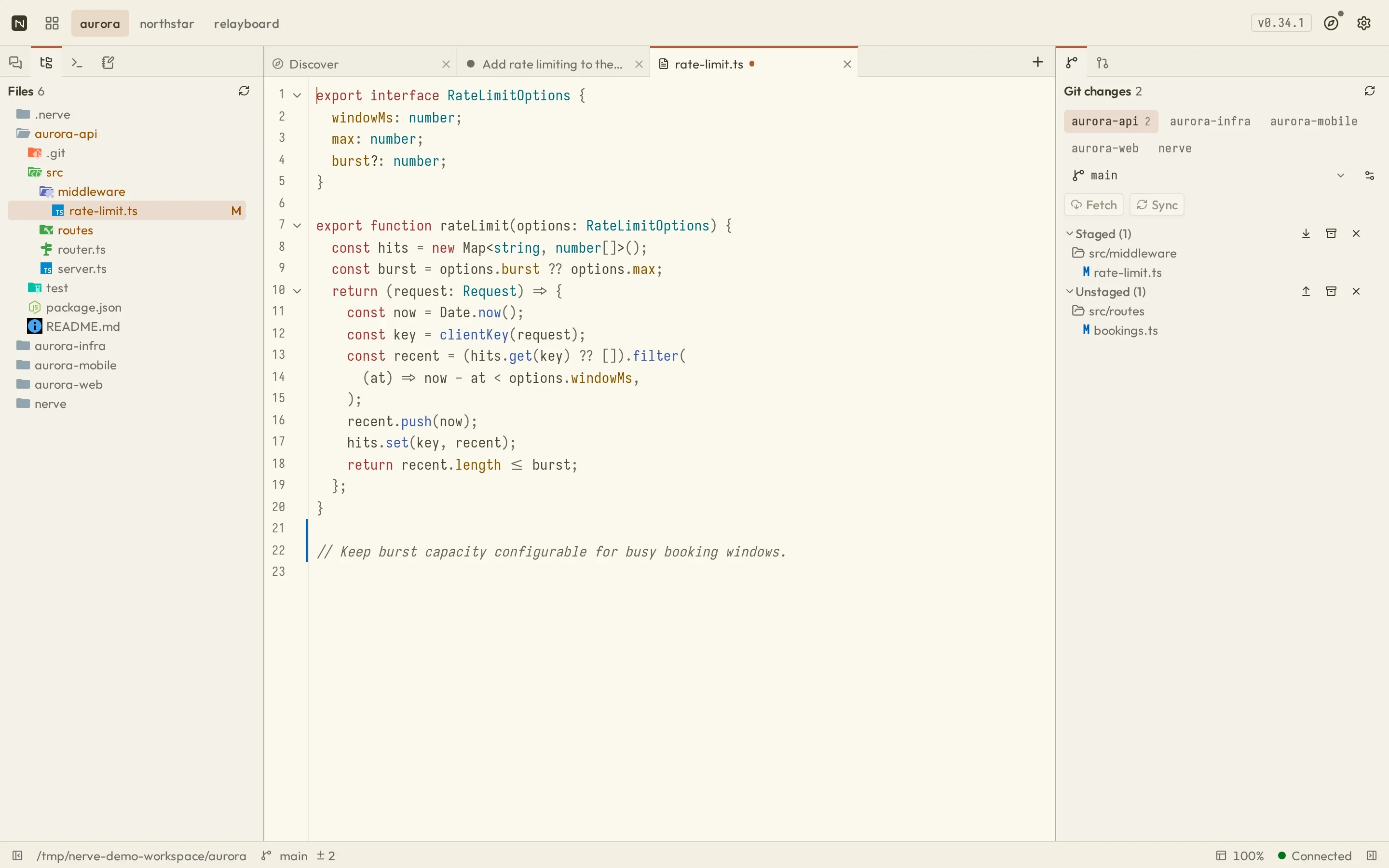 Nerve with the project file tree and rate-limit.ts open in the built-in editor with an unsaved change