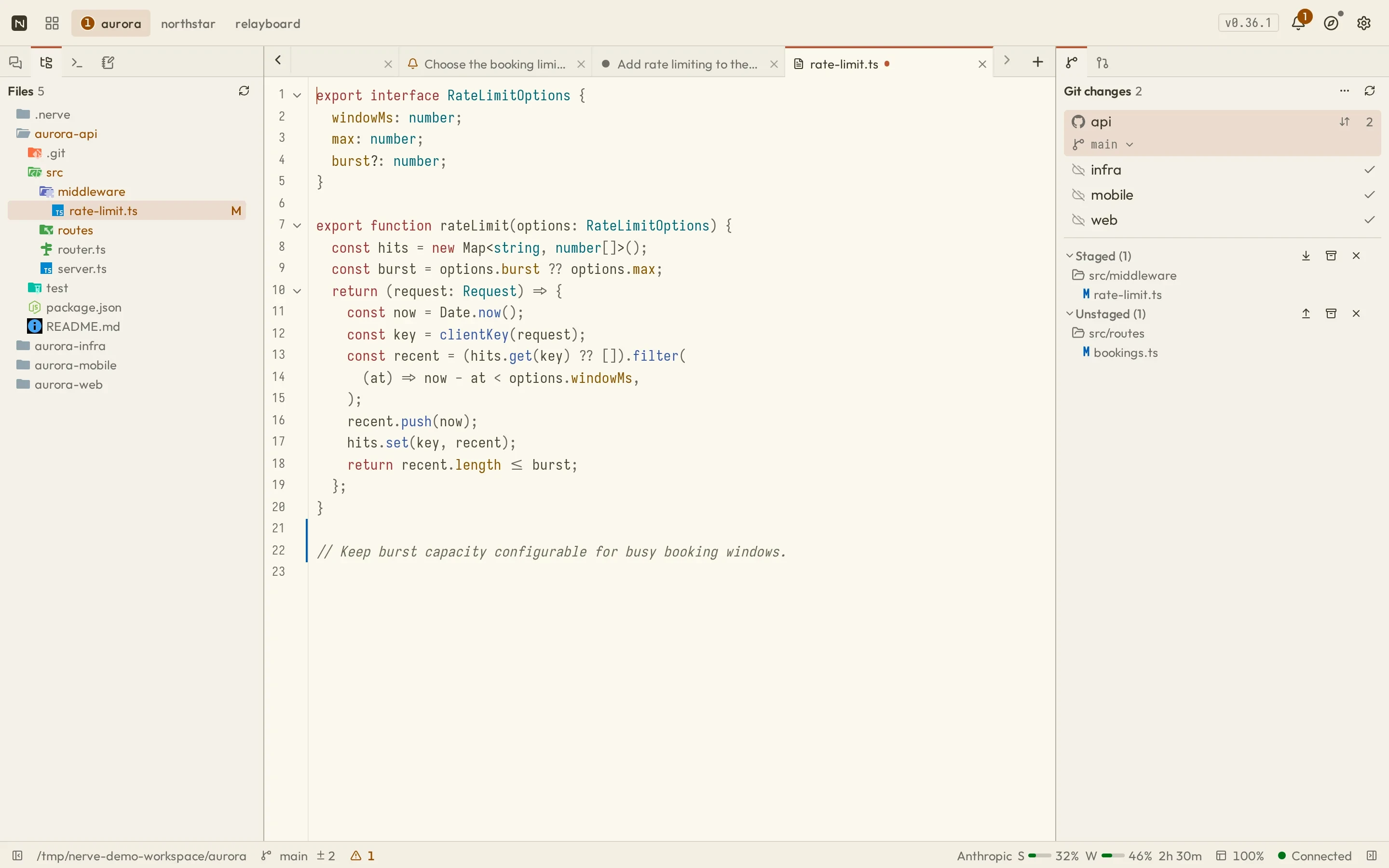 Nerve with the project file tree and rate-limit.ts open in the built-in editor with an unsaved change