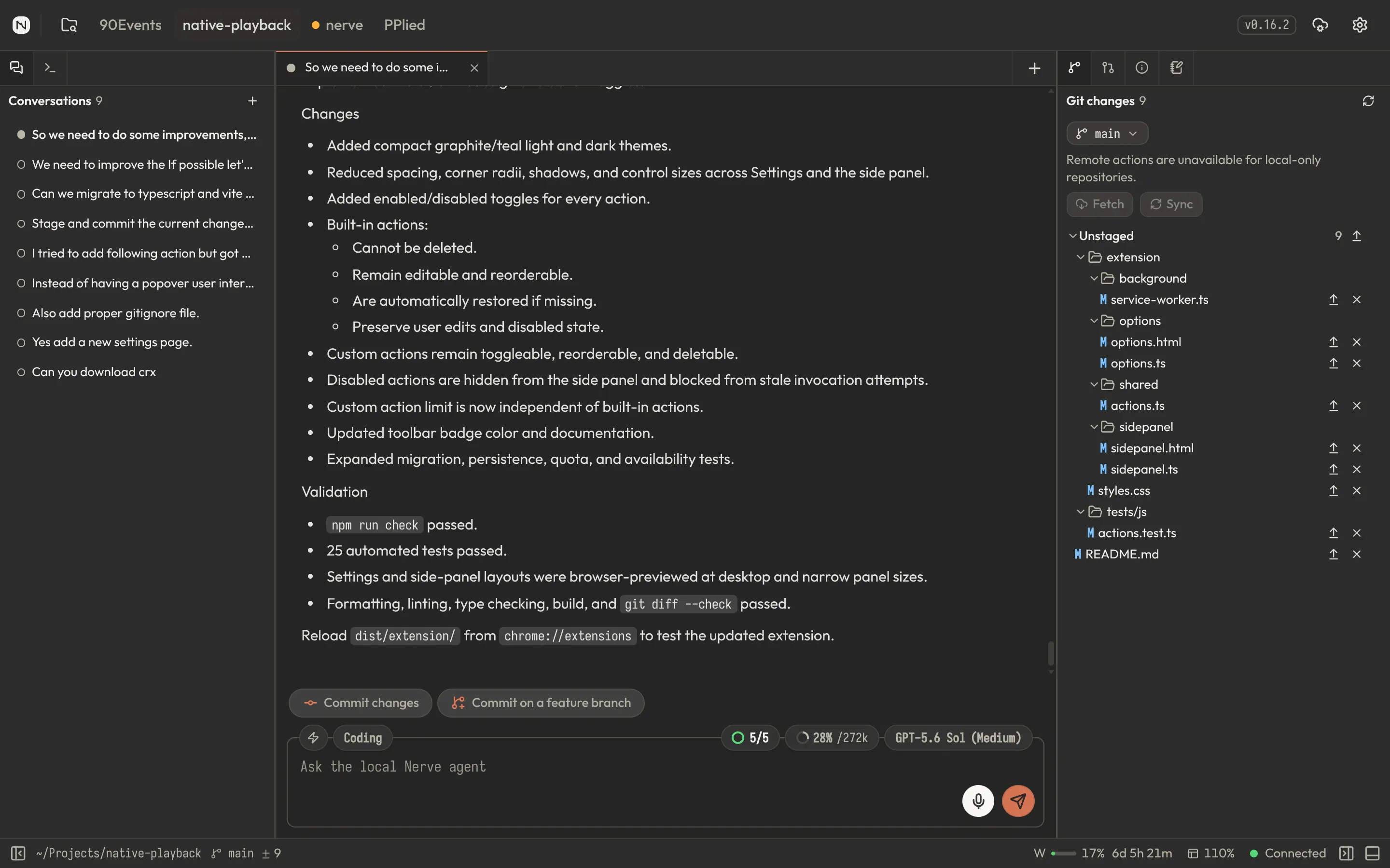Nerve workbench with a conversation on the left and the Git panel listing unstaged changes on the right