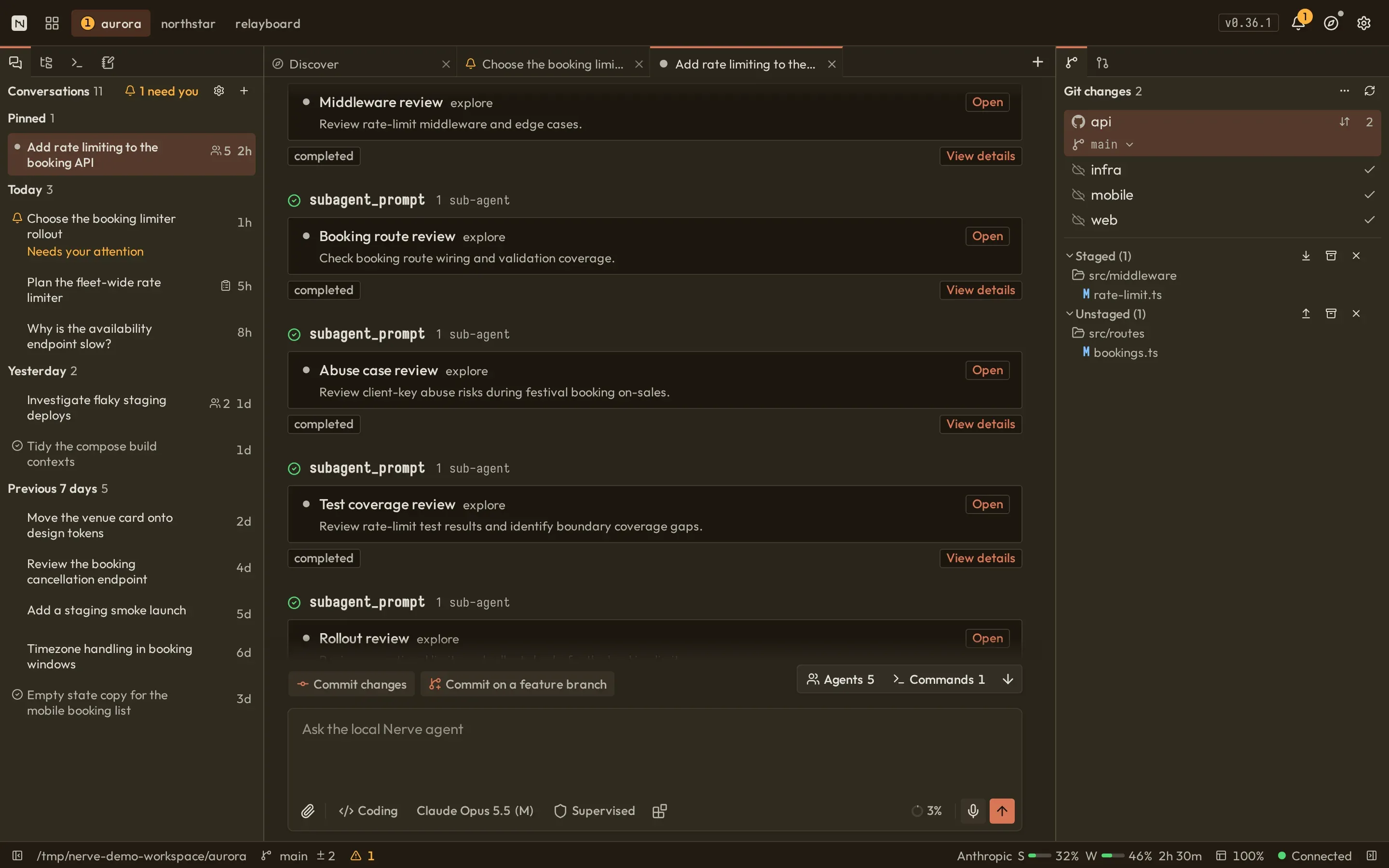 Nerve Git panel showing four repositories discovered in one project, the selected repository's branch, and its staged and unstaged changes