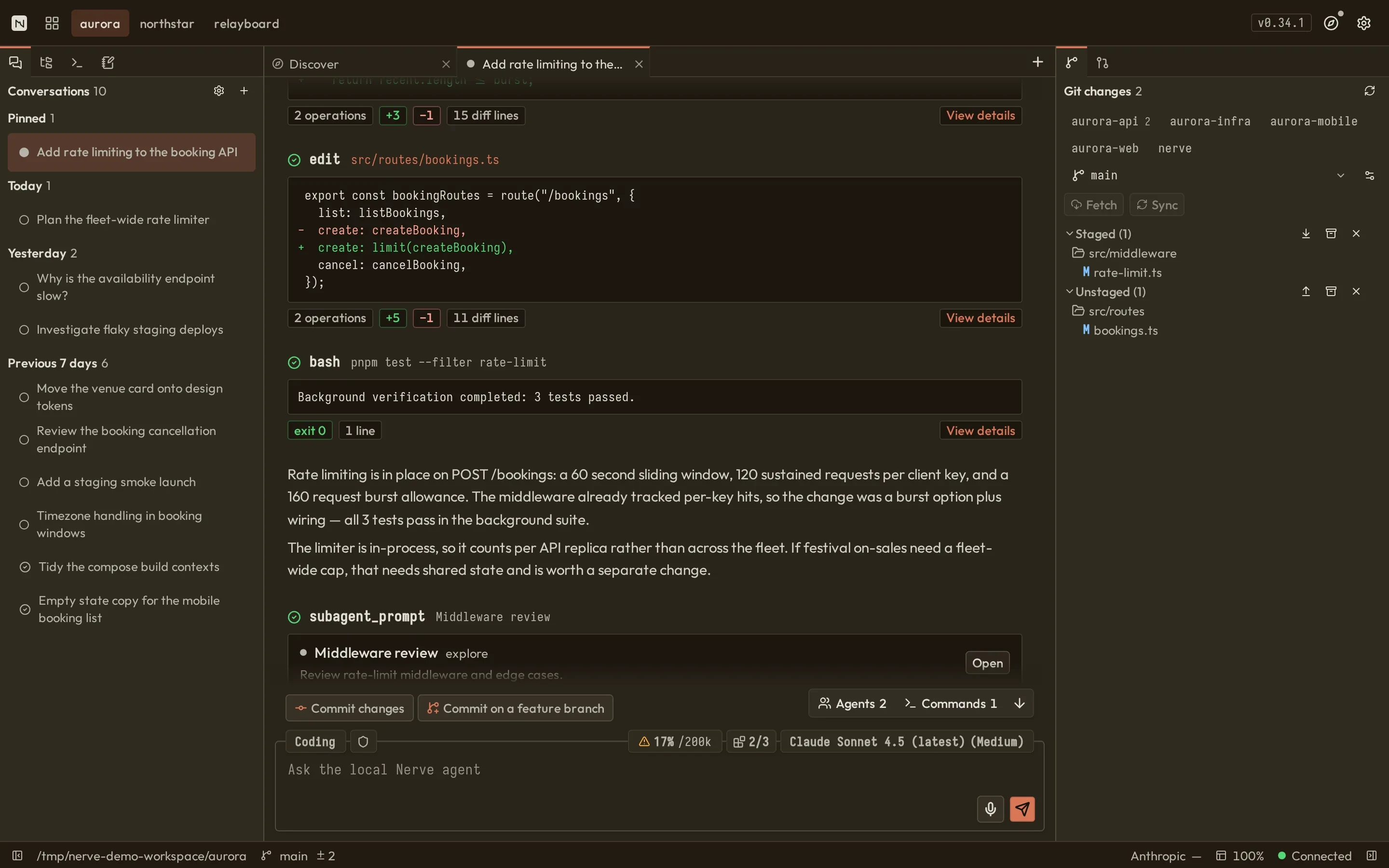 Nerve workbench showing edit diffs in the transcript beside the Git changes panel with staged and unstaged files