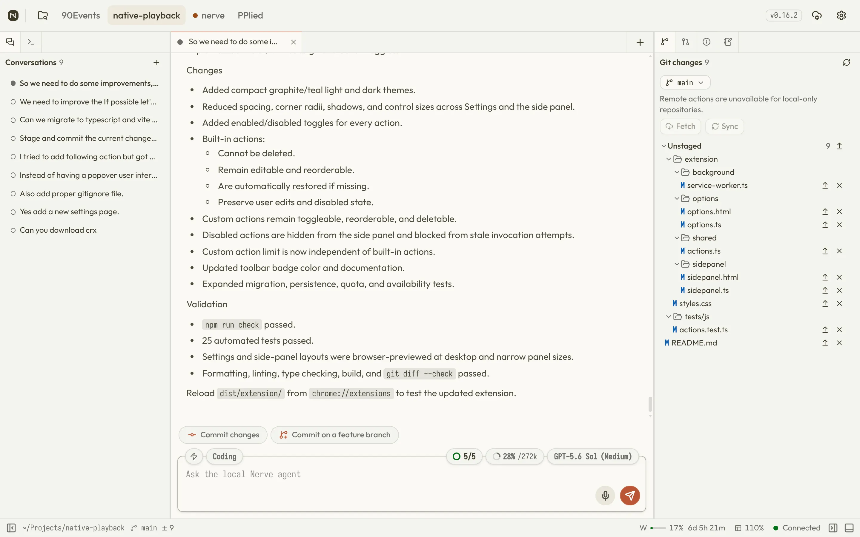 Nerve workbench with a conversation on the left and the Git panel listing unstaged changes on the right