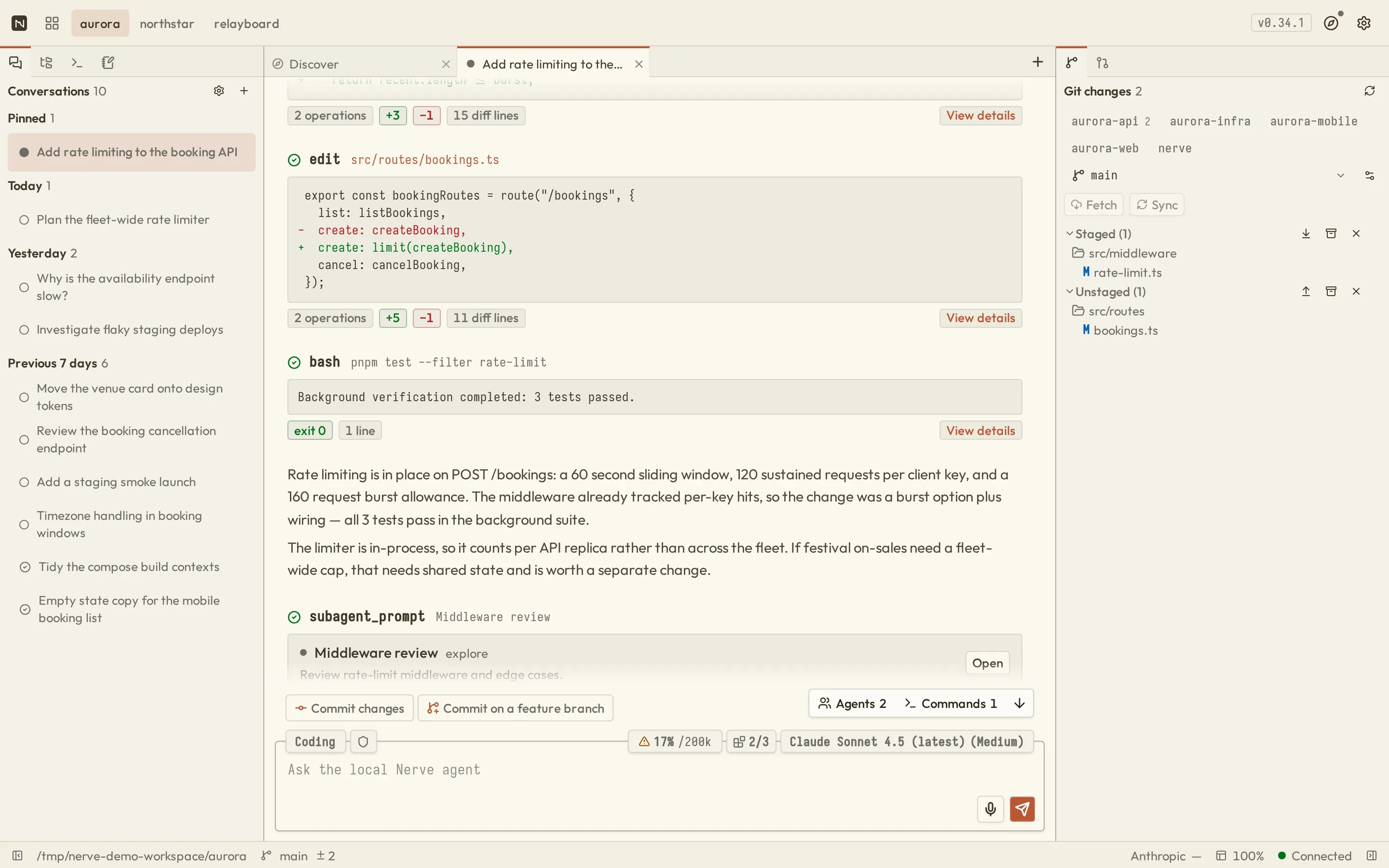 Nerve workbench showing edit diffs in the transcript beside the Git changes panel with staged and unstaged files