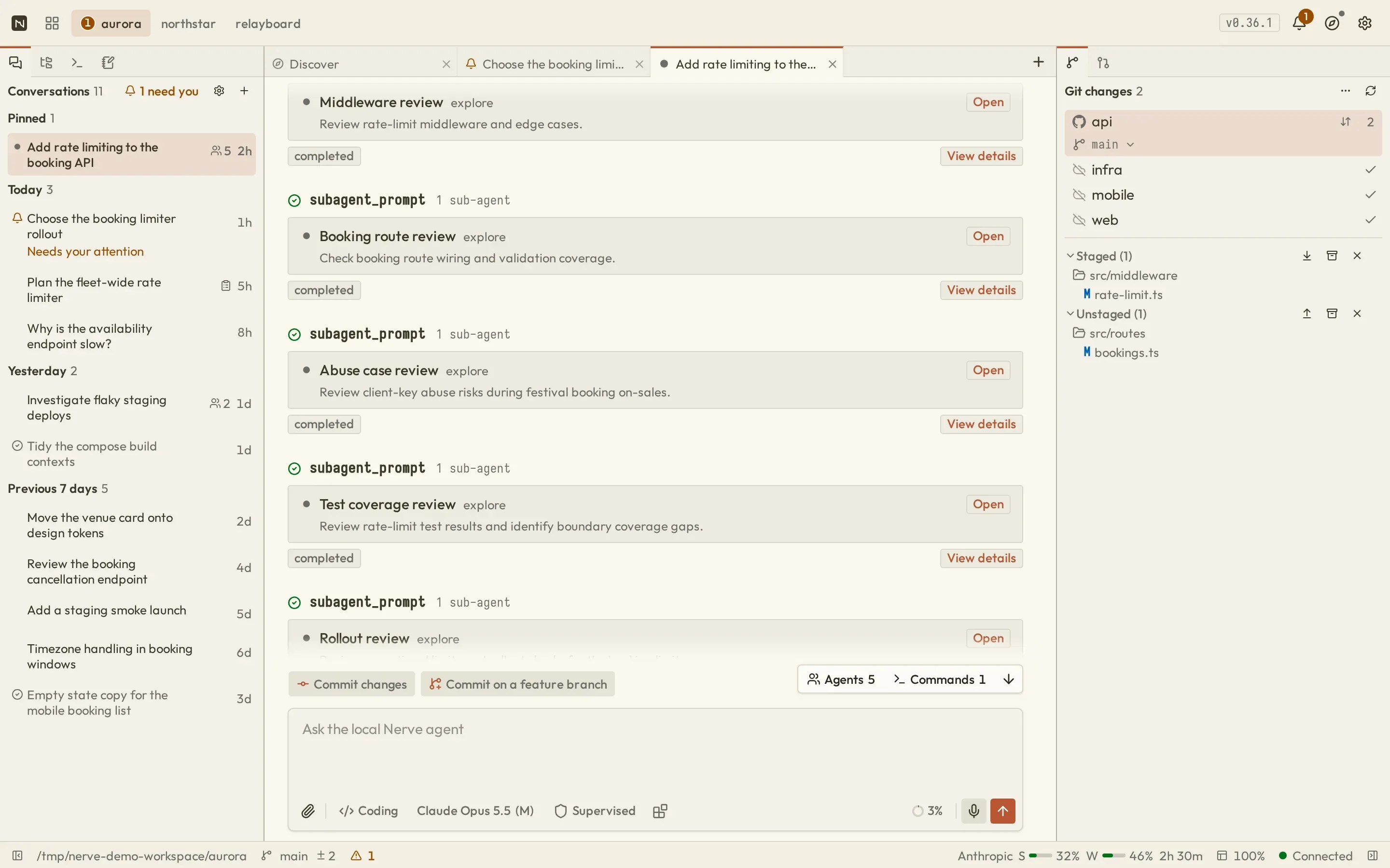 Nerve Git panel showing four repositories discovered in one project, the selected repository's branch, and its staged and unstaged changes