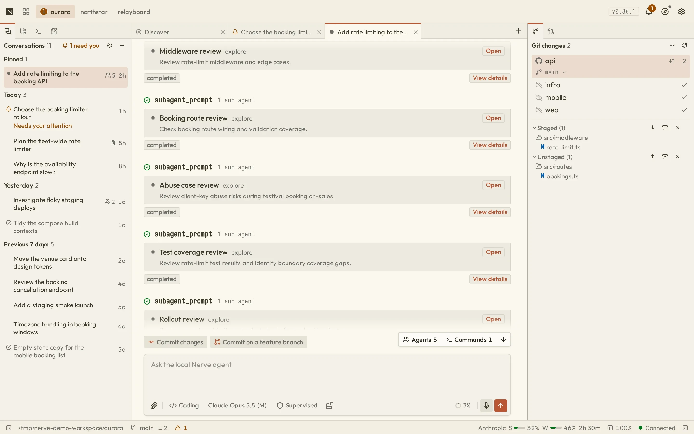 Nerve workbench showing edit diffs beside the Git changes panel with repository state and staged and unstaged files