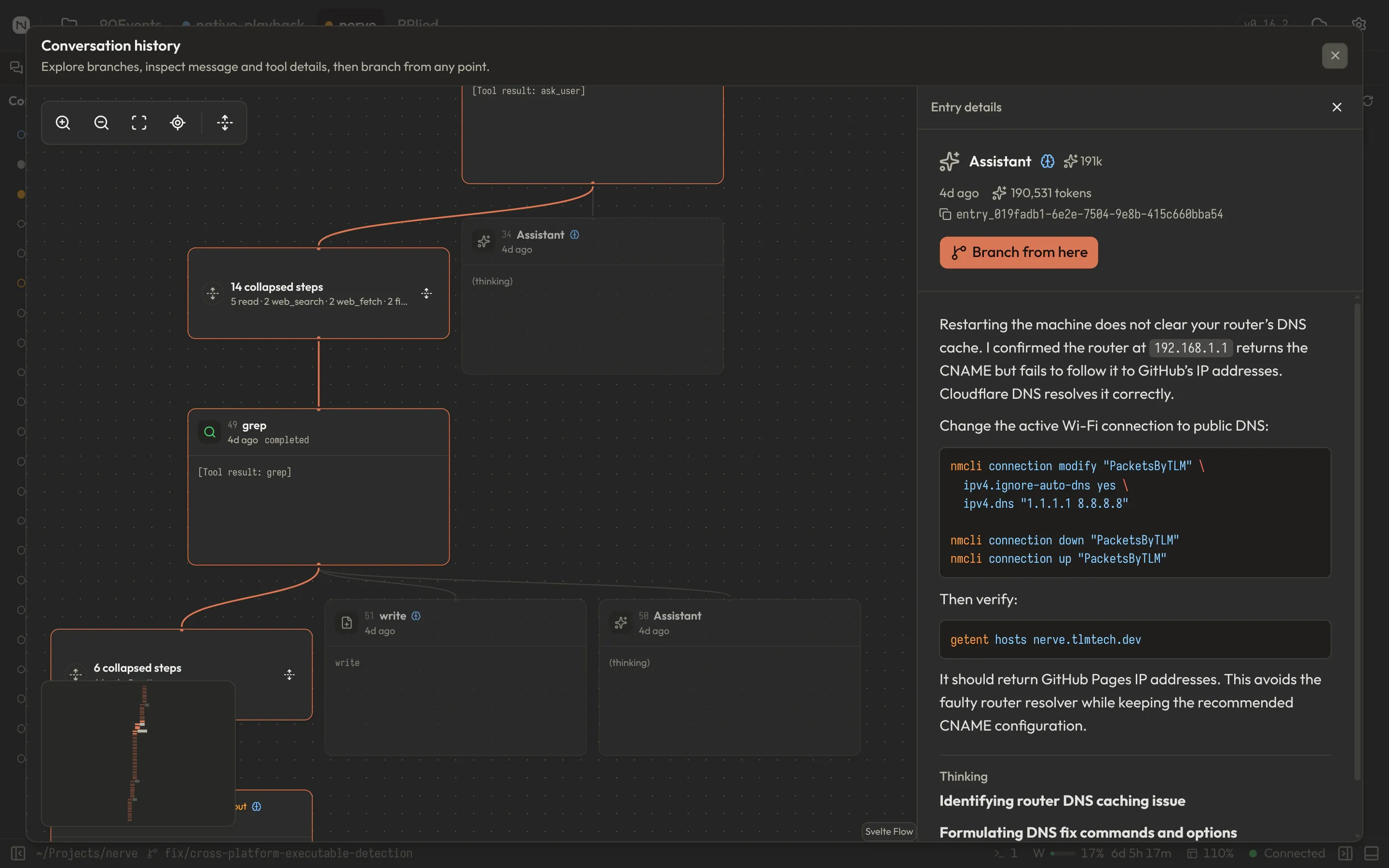 The Nerve conversation history graph showing collapsed step groups, branching paths, tool nodes, and an entry details panel