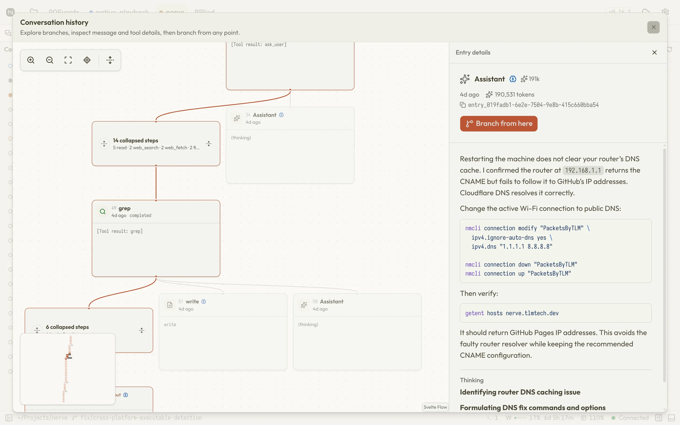 The Nerve conversation history graph showing collapsed step groups, branching paths, tool nodes, and an entry details panel