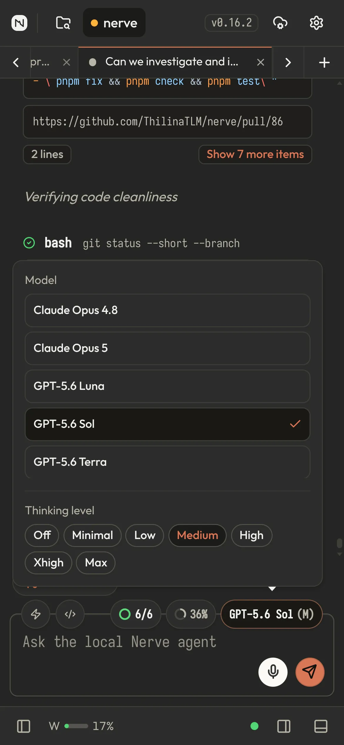 Nerve model and thinking level picker on a phone