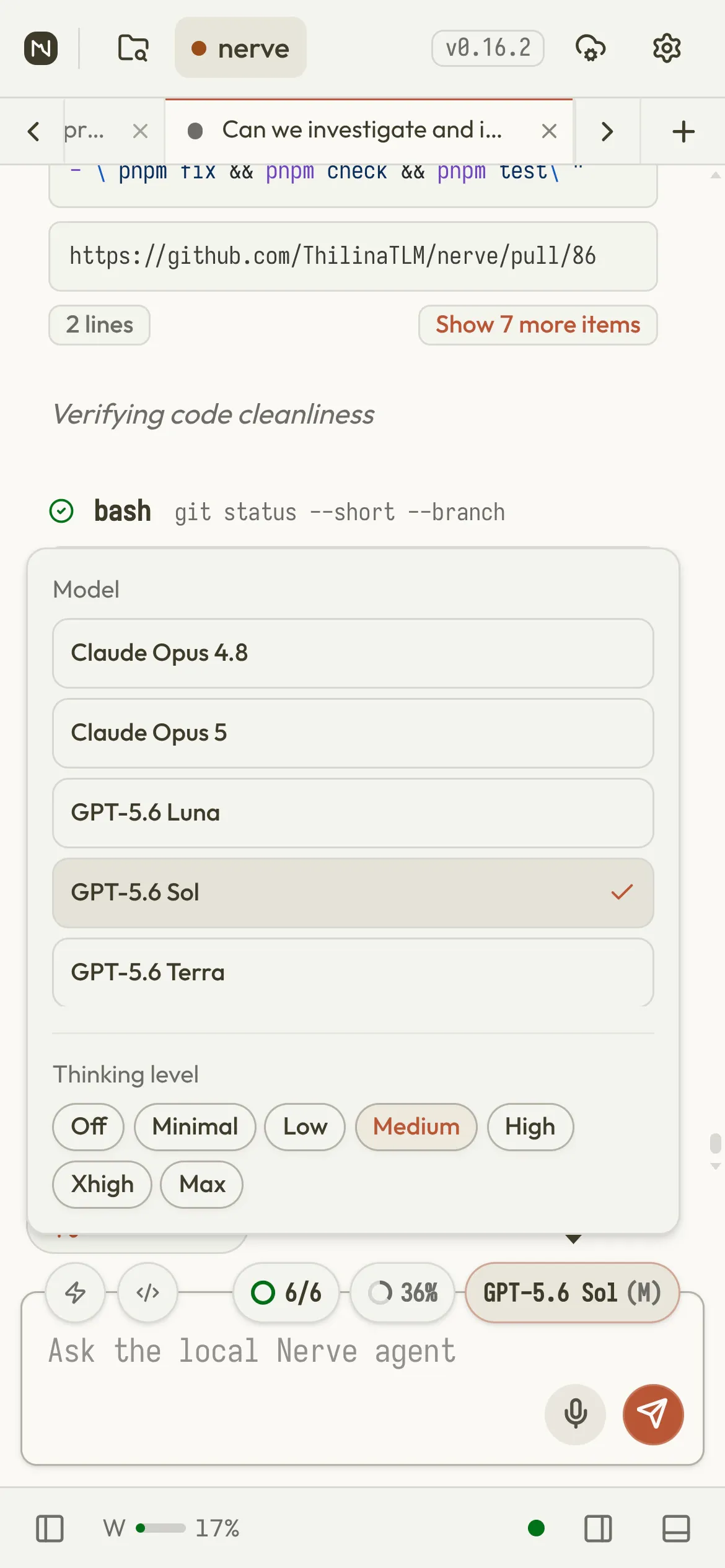 Nerve model and thinking level picker on a phone