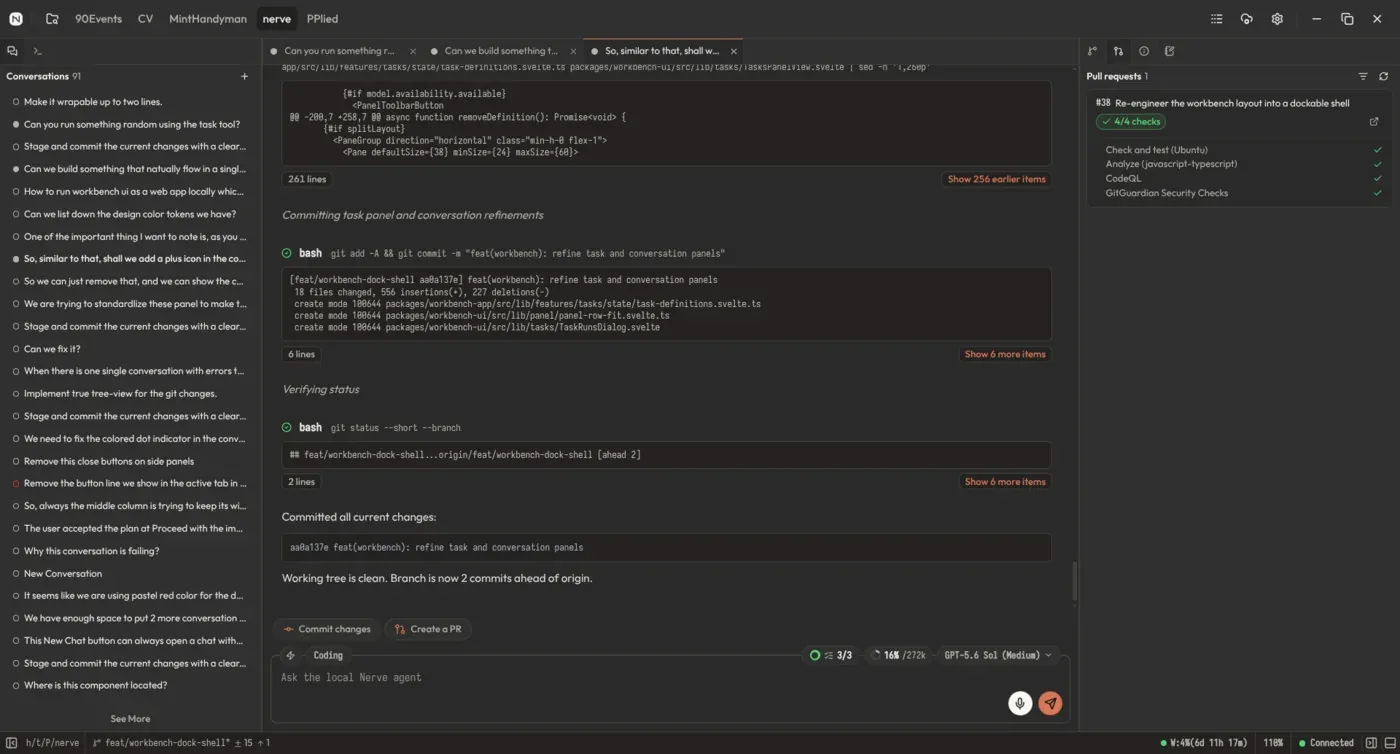 Nerve conversation showing tool results, composer controls, and pull request checks