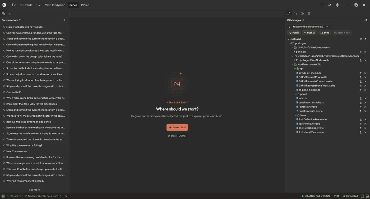 Nerve workbench with a project conversation tree, welcome view, and Git changes panel