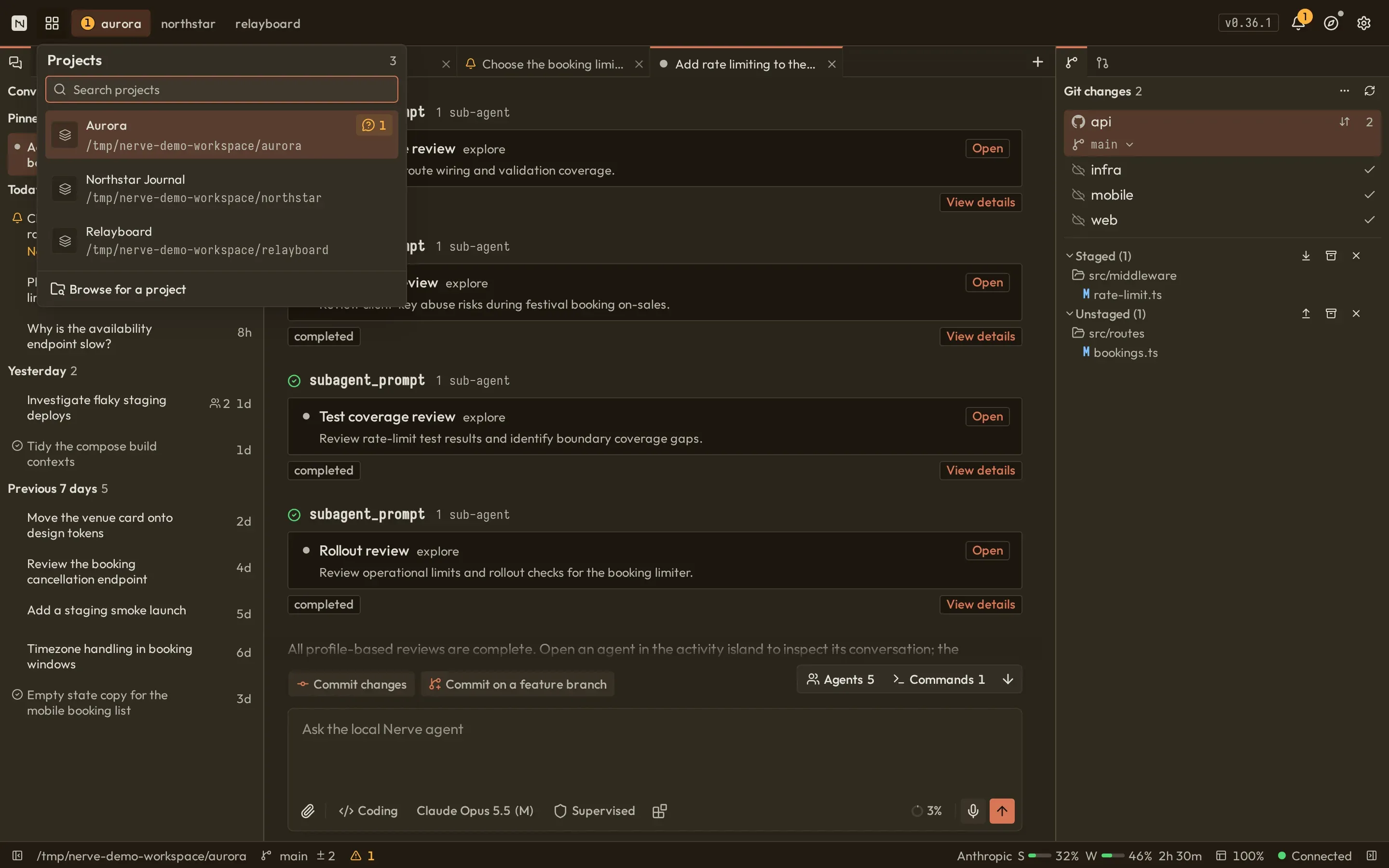 The Nerve project switcher showing three local projects with activity indicators and workspace paths