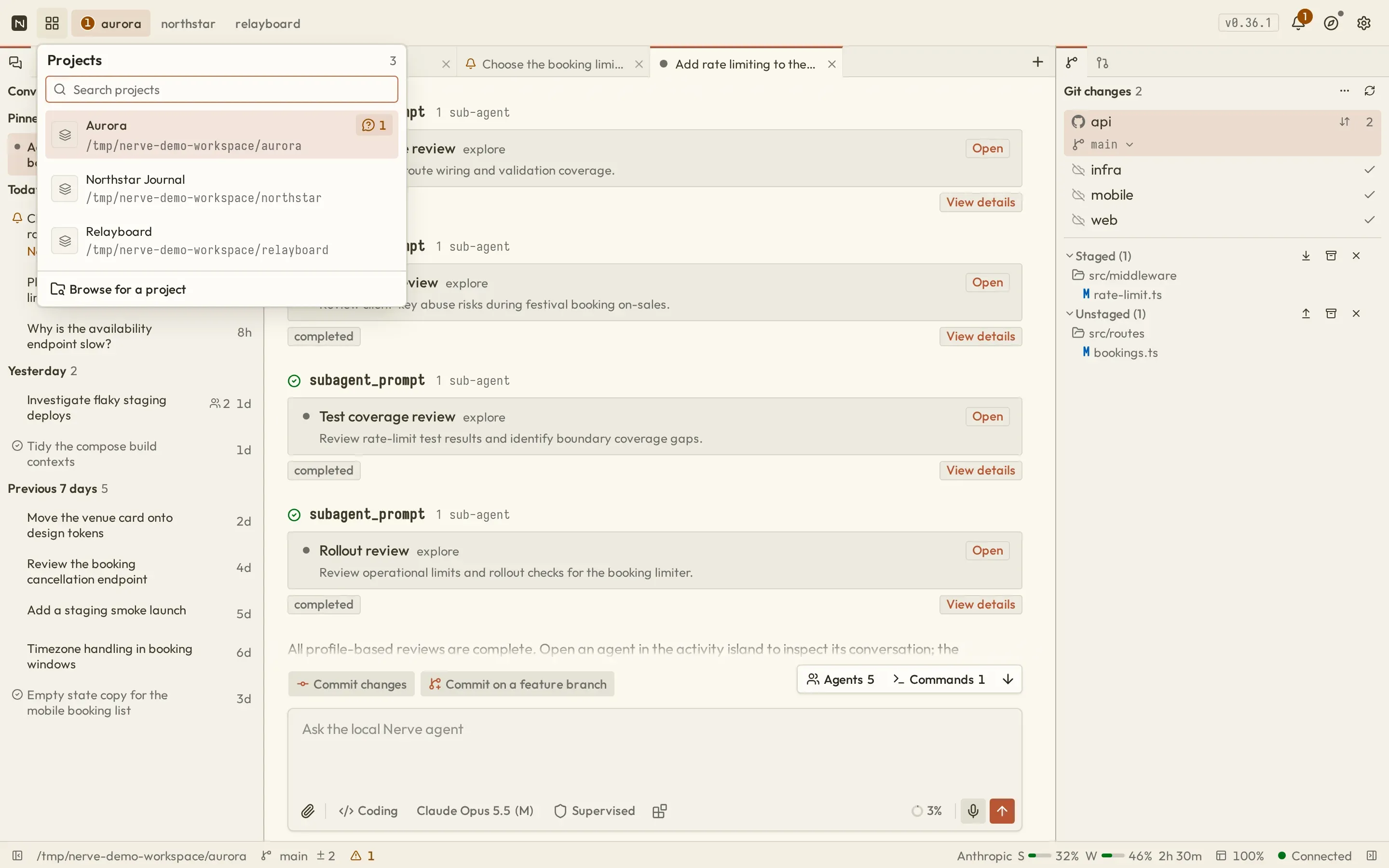 The Nerve project switcher showing three local projects with activity indicators and workspace paths