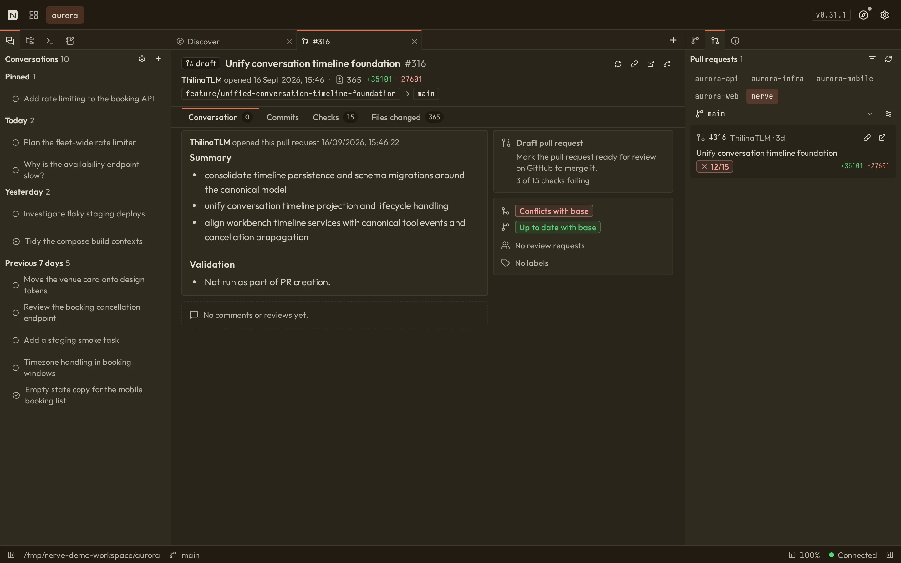 Nerve pull request view with summary, mergeability and checks beside the pull requests panel