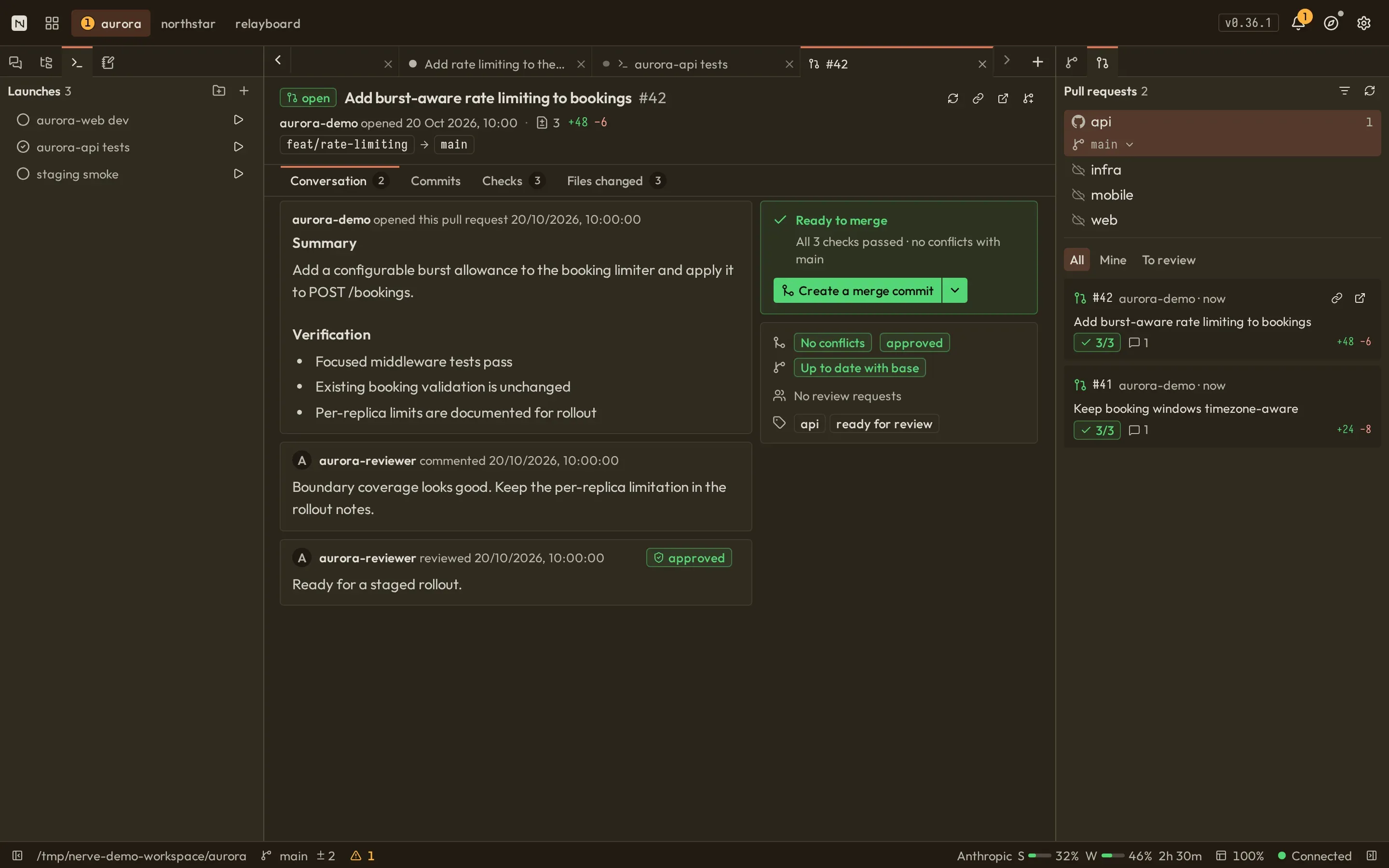Nerve pull request view showing the pull request summary, mergeability, checks, commits, and changed files beside the list of open pull requests