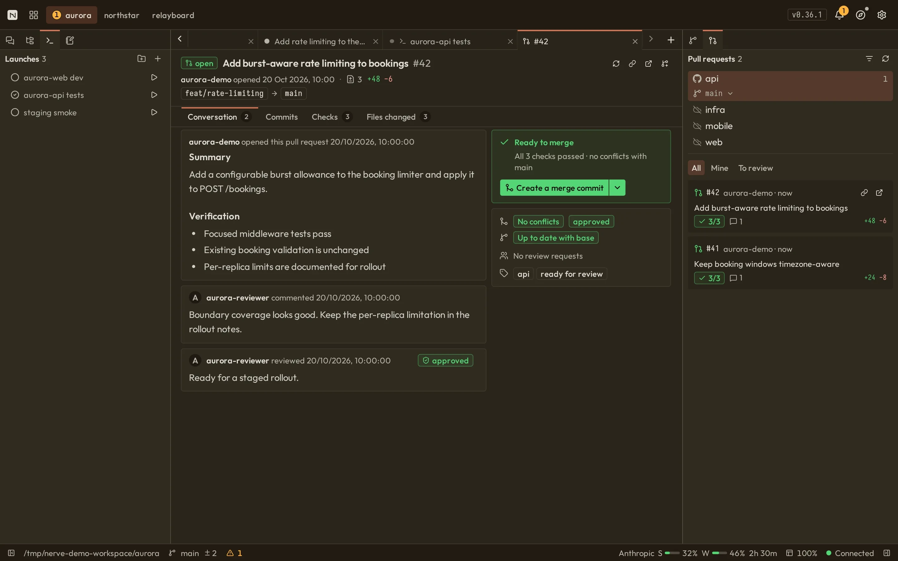 Nerve pull request review with summary, mergeability, and checks beside the repository-aware pull requests panel
