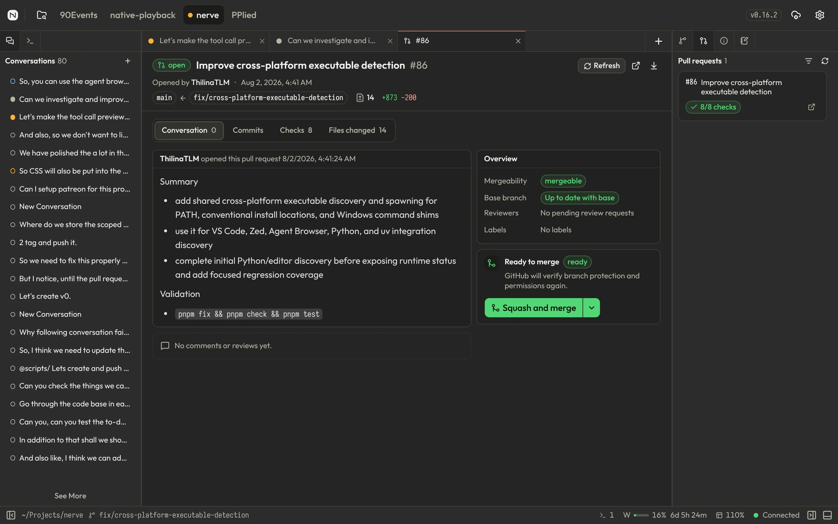 Nerve pull request view with summary, mergeability overview, and a ready-to-merge panel