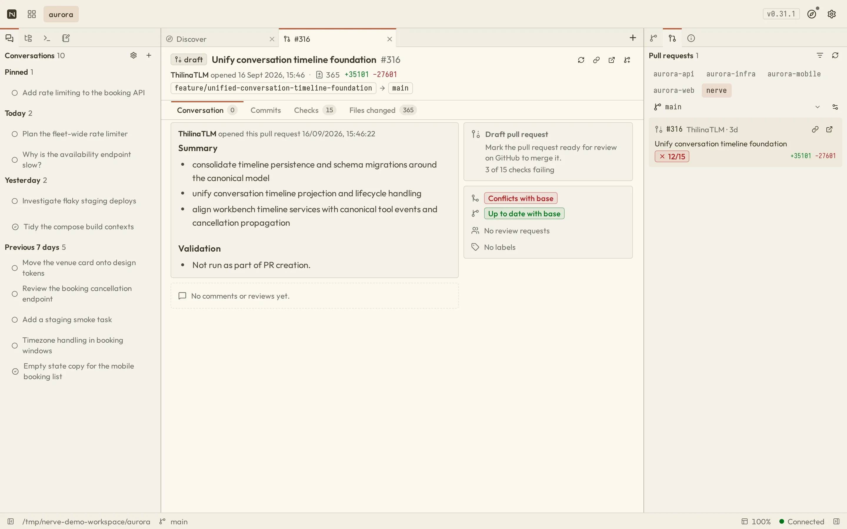 Nerve pull request view with summary, mergeability and checks beside the pull requests panel