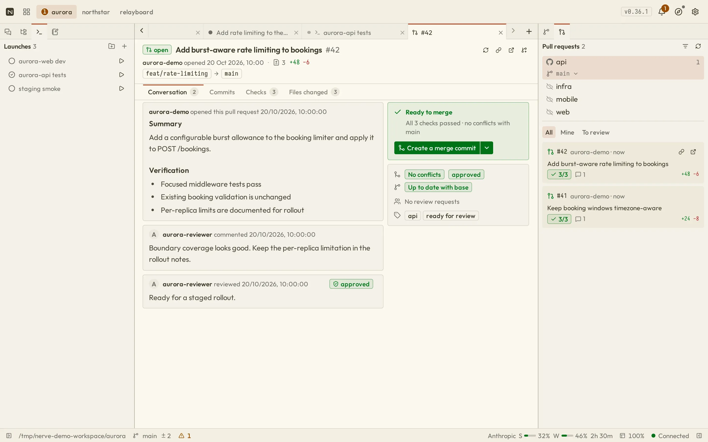 Nerve pull request view showing the pull request summary, mergeability, checks, commits, and changed files beside the list of open pull requests