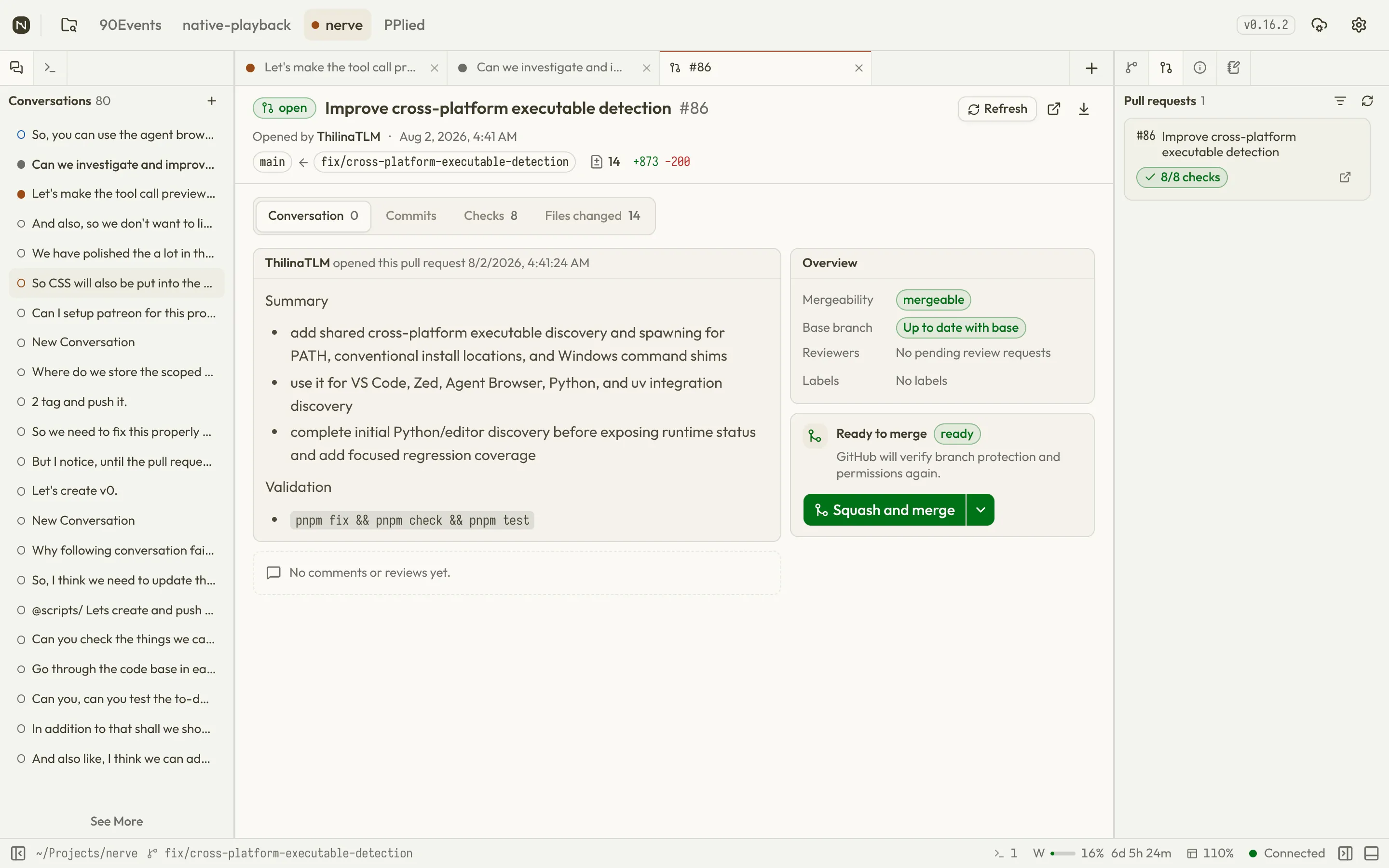 Nerve pull request view with summary, mergeability overview, and a ready-to-merge panel