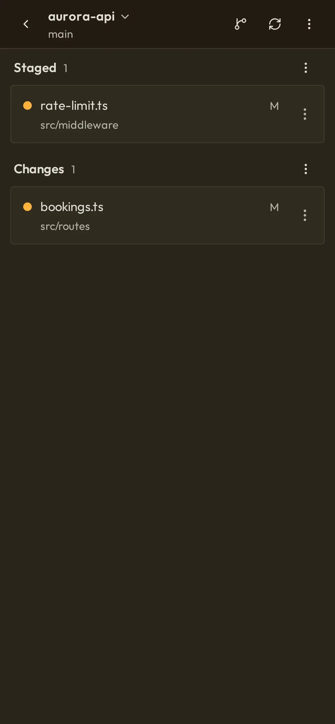 The Nerve phone Git Changes screen showing the current branch and separate staged and unstaged file lists