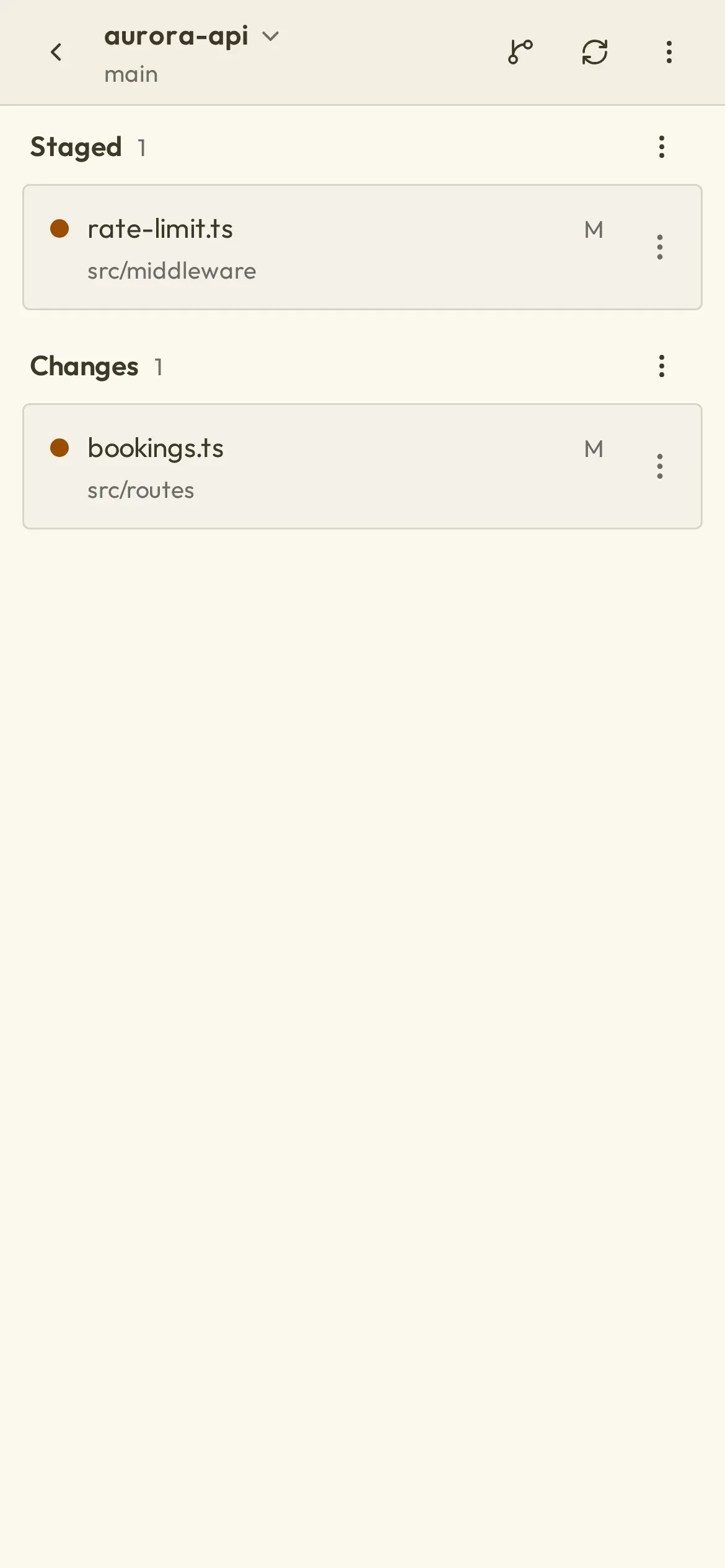 The Nerve phone Git Changes screen showing the current branch and separate staged and unstaged file lists