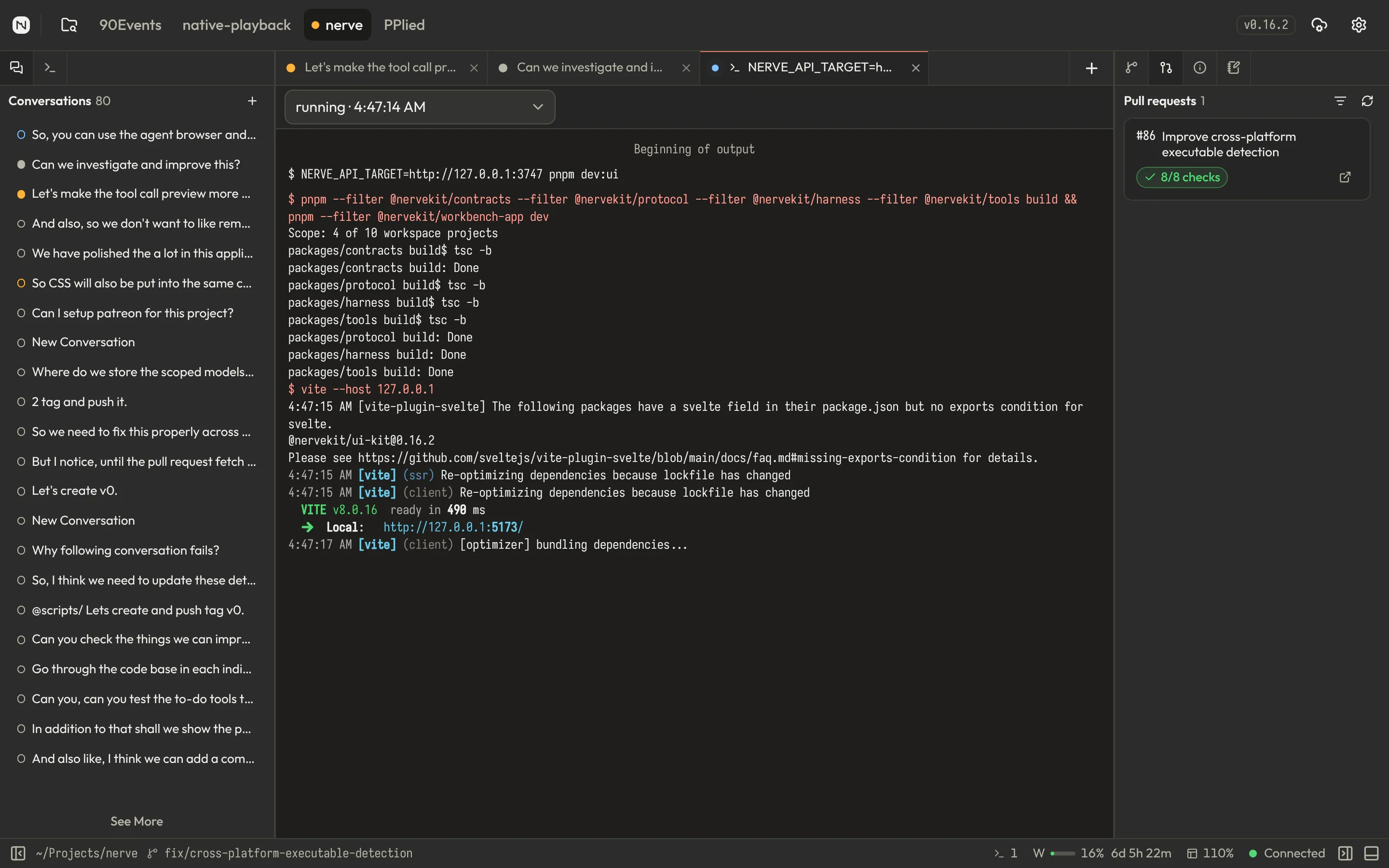 Nerve tasks view listing task runs with status pills beside streamed process output