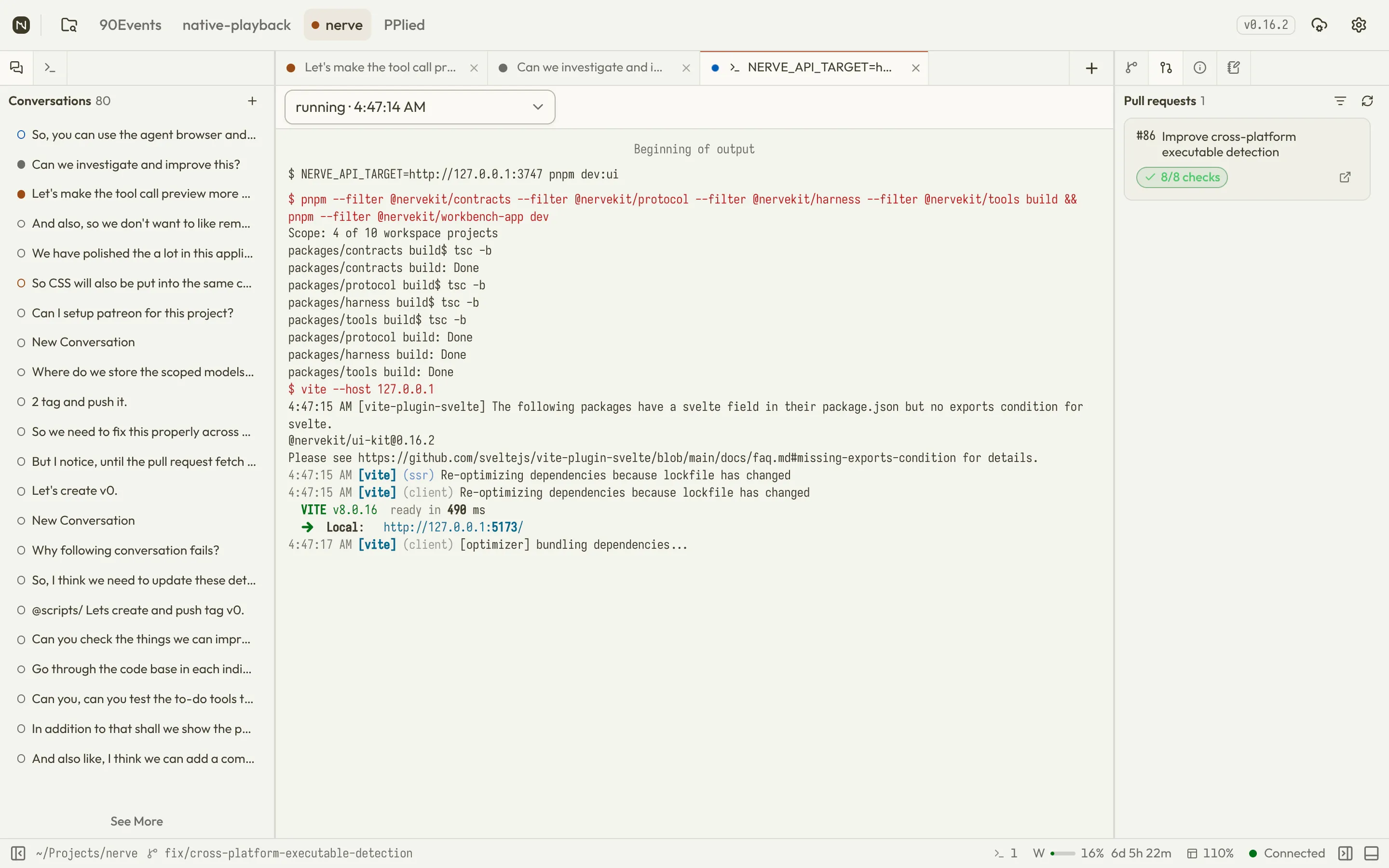 Nerve tasks view listing task runs with status pills beside streamed process output